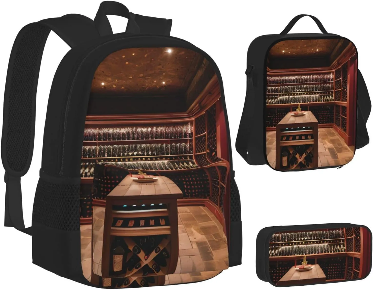 Red Wine Cellar Lightweight Print Backpack Pencil Case Insulated Lunch Bag Combination Three-Piece Suit,Daypack