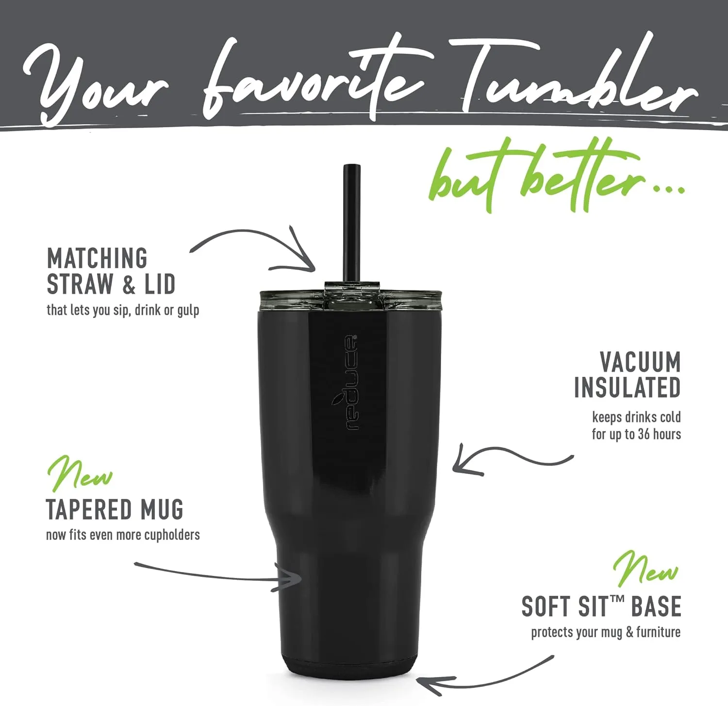 REDUCE Cold1 34 oz Tumbler with Lid and Straw- Vacuum Insulated Stainless Steel Water Bottle for Home, Office or Car; Reusable Cup with Leakproof Flip Lid, Keeps Drinks Ice Cold All Day- Matte Phantom