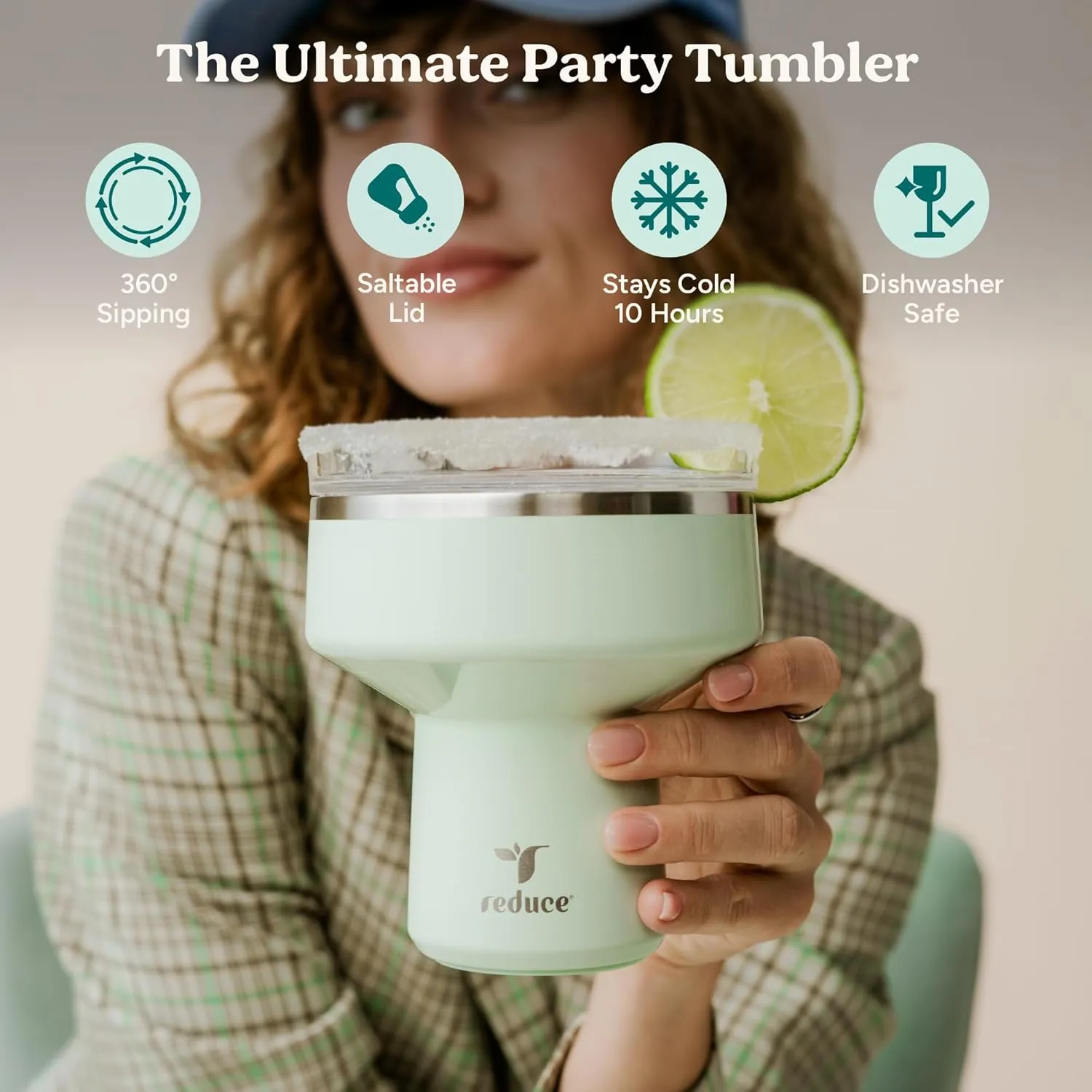 REDUCE Saltini 16 oz Cocktail Tumbler - Insulated Margarita Tumbler with Lid - Keeps Drinks Cold for 10 Hours - 360 Sippable Martini Glass Alternative - Shatterproof, Perfect for Parties - Lilac Bud