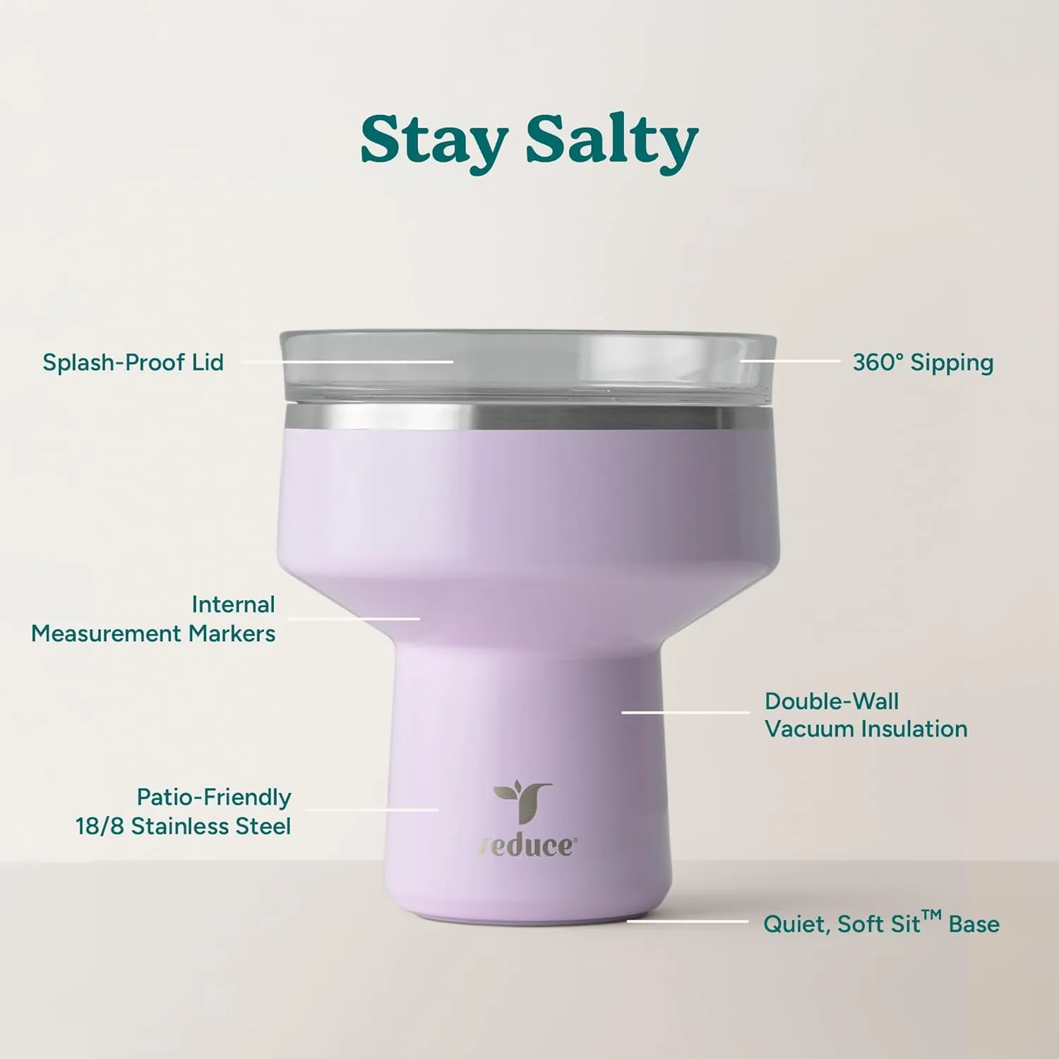 REDUCE Saltini 16 oz Cocktail Tumbler - Insulated Margarita Tumbler with Lid - Keeps Drinks Cold for 10 Hours - 360 Sippable Martini Glass Alternative - Shatterproof, Perfect for Parties - Lilac Bud