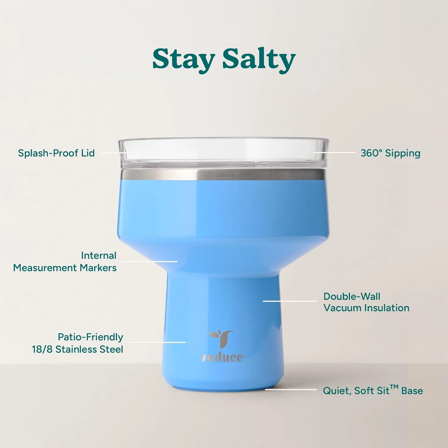 REDUCE Saltini 16 oz Cocktail Tumbler - Insulated Margarita Tumbler with Lid - Keeps Drinks Cold for 10 Hours - 360 Sippable Martini Glass Alternative - Shatterproof, Perfect for Parties - Oahu Blue