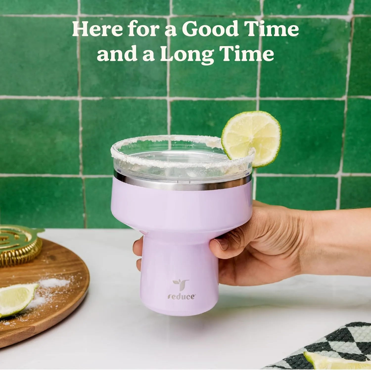 REDUCE Saltini 16 oz Cocktail Tumbler - Insulated Margarita Tumbler with Lid - Keeps Drinks Cold for 10 Hours - 360 Sippable Martini Glass Alternative - Shatterproof, Perfect for Parties - Oahu Blue