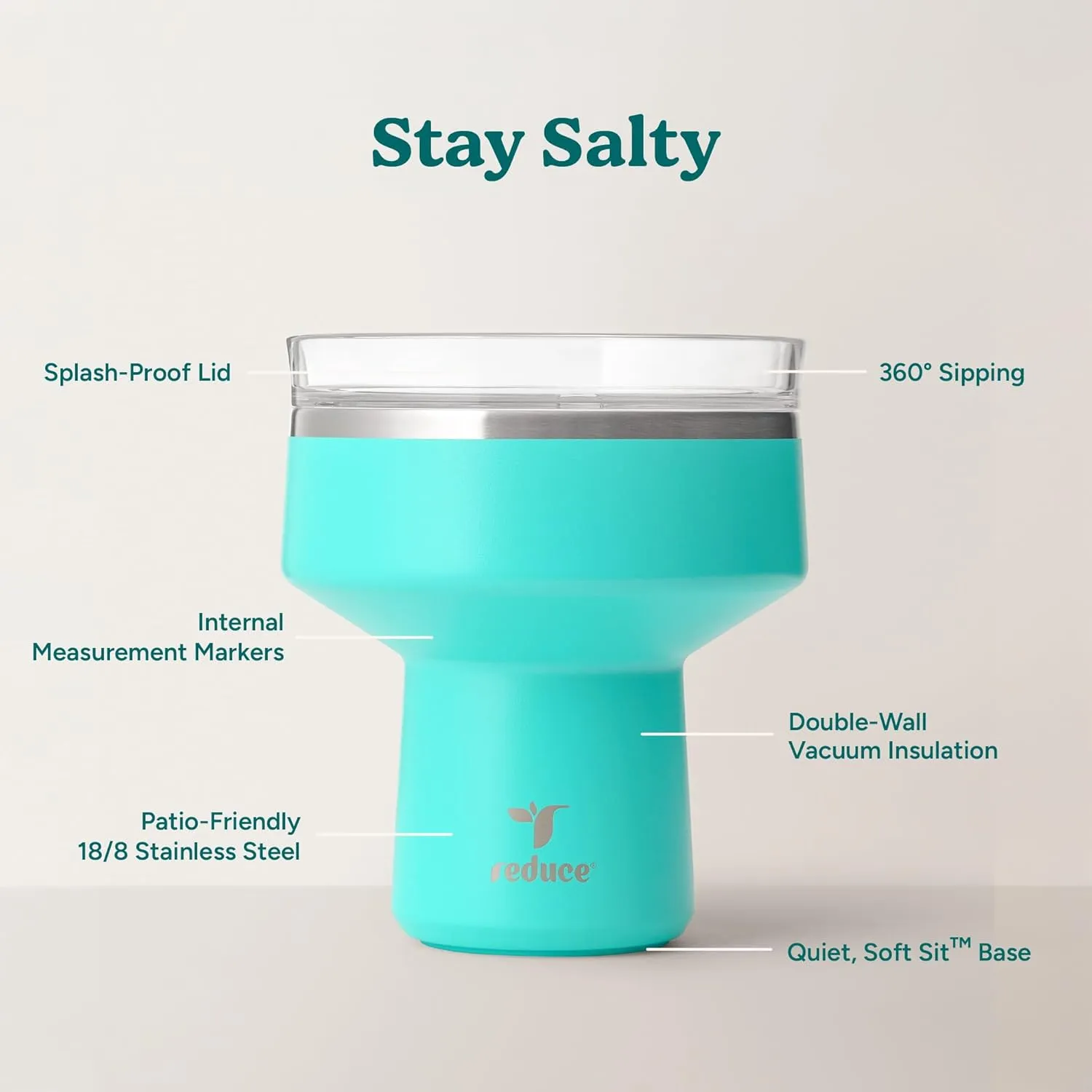 REDUCE Saltini 16 oz Cocktail Tumbler - Insulated Margarita Tumbler with Lid - Keeps Drinks Cold for 10 Hours - 360 Sippable Martini Glass Alternative - Shatterproof, Perfect for Parties-Ocean Breeze