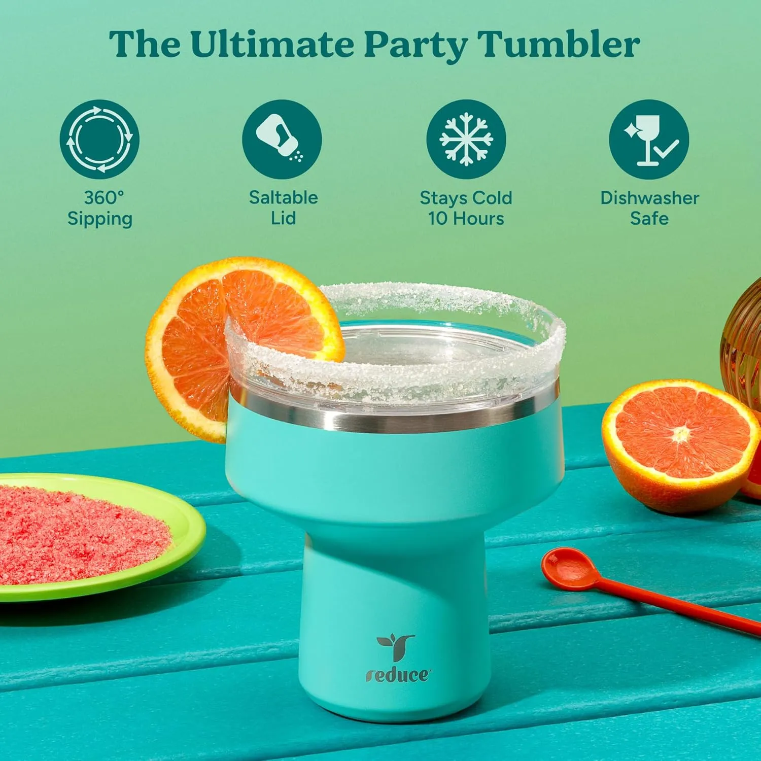 REDUCE Saltini 16 oz Cocktail Tumbler - Insulated Margarita Tumbler with Lid - Keeps Drinks Cold for 10 Hours - 360 Sippable Martini Glass Alternative - Shatterproof, Perfect for Parties-Ocean Breeze