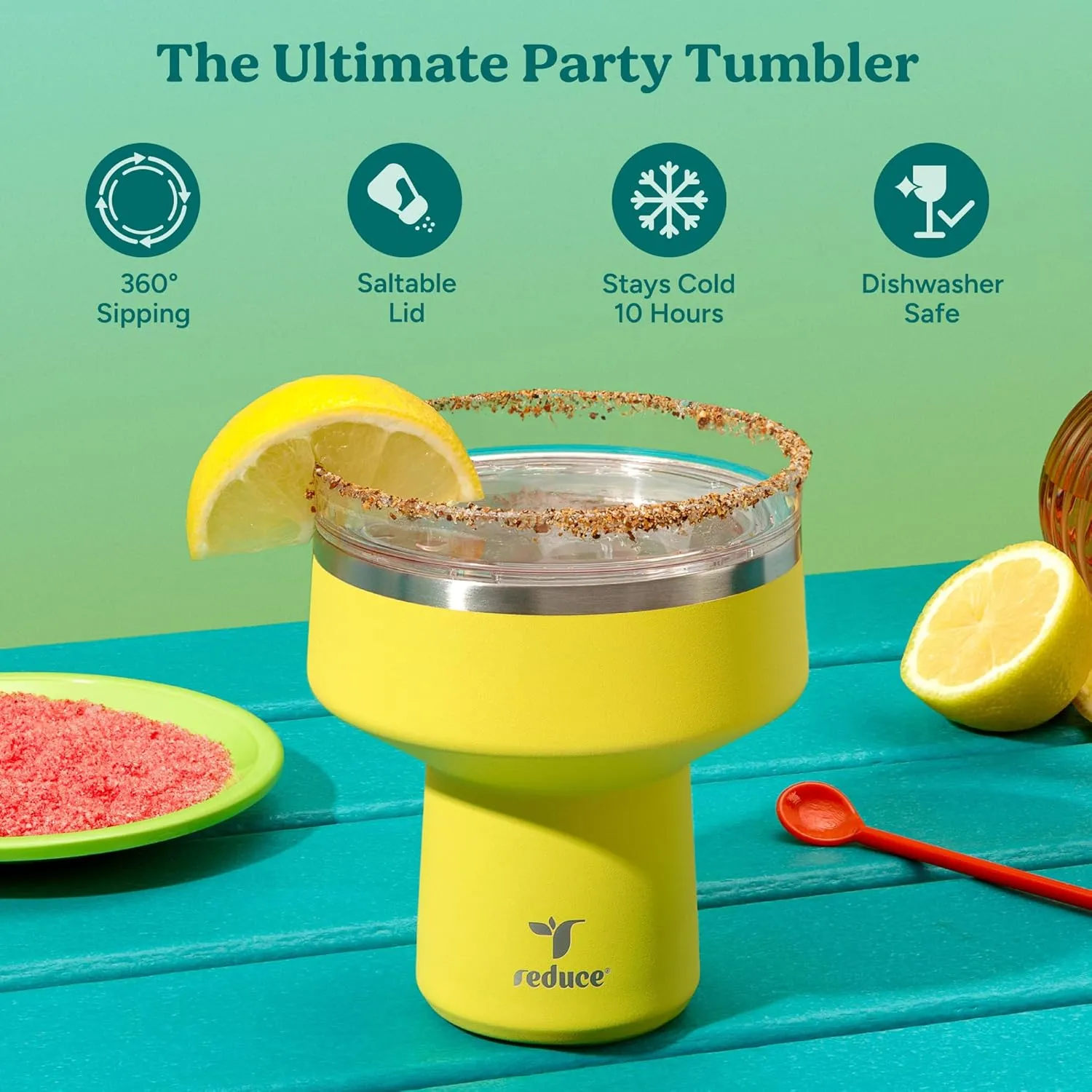 Reduce Saltini 16 oz Cocktail Tumbler - Insulated Margarita Tumbler with Lid - Keeps Drinks Cold for 10 Hours - 360 Sippable Martini Glass Alternative - Shatterproof, Perfect for Parties - Pina Colada
