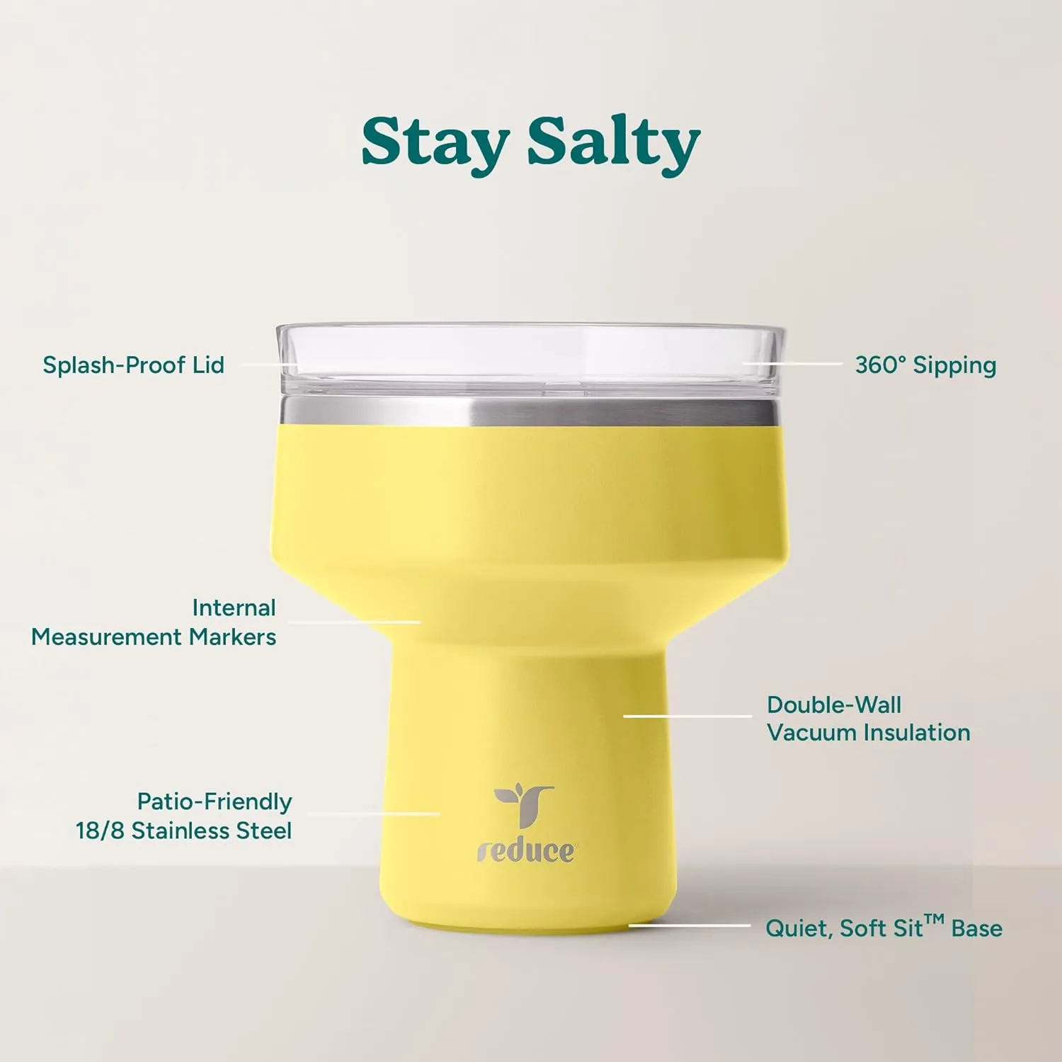 Reduce Saltini 16 oz Cocktail Tumbler - Insulated Margarita Tumbler with Lid - Keeps Drinks Cold for 10 Hours - 360 Sippable Martini Glass Alternative - Shatterproof, Perfect for Parties - Pina Colada