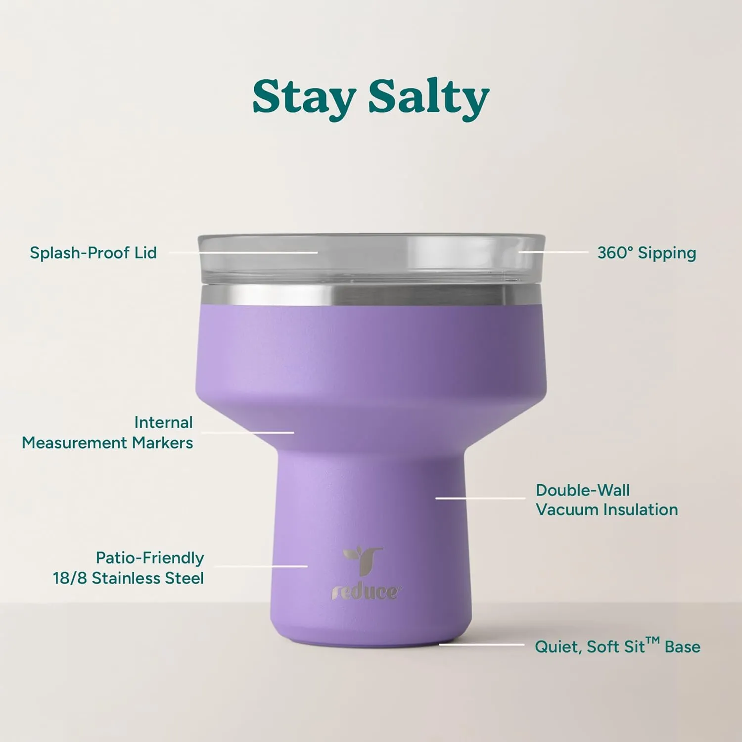 REDUCE Saltini 16 oz Cocktail Tumbler - Insulated Margarita Tumbler with Lid - Keeps Drinks Cold for 10 Hours - 360 Sippable Martini Glass Alternative - Shatterproof, Perfect for Parties-Purple Punch