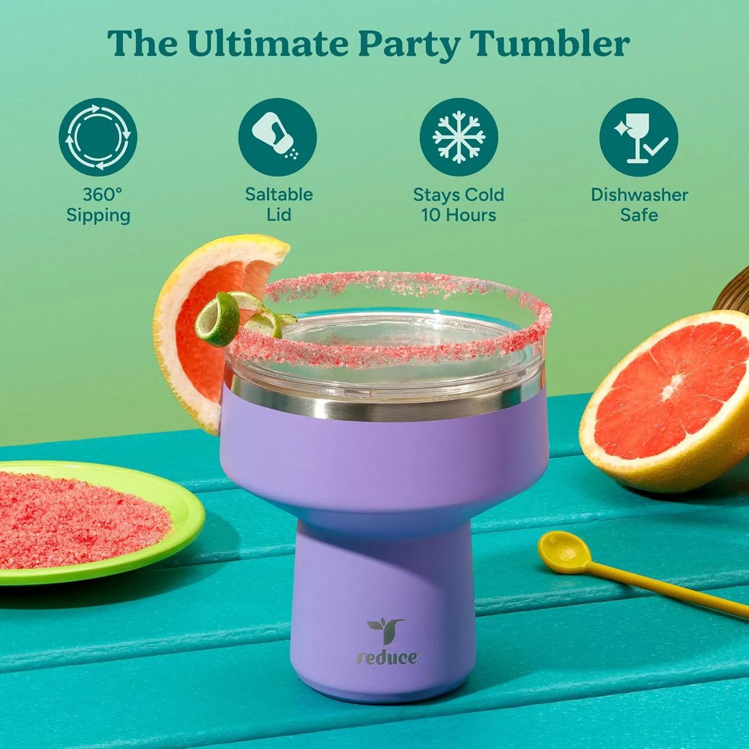 REDUCE Saltini 16 oz Cocktail Tumbler - Insulated Margarita Tumbler with Lid - Keeps Drinks Cold for 10 Hours - 360 Sippable Martini Glass Alternative - Shatterproof, Perfect for Parties-Purple Punch