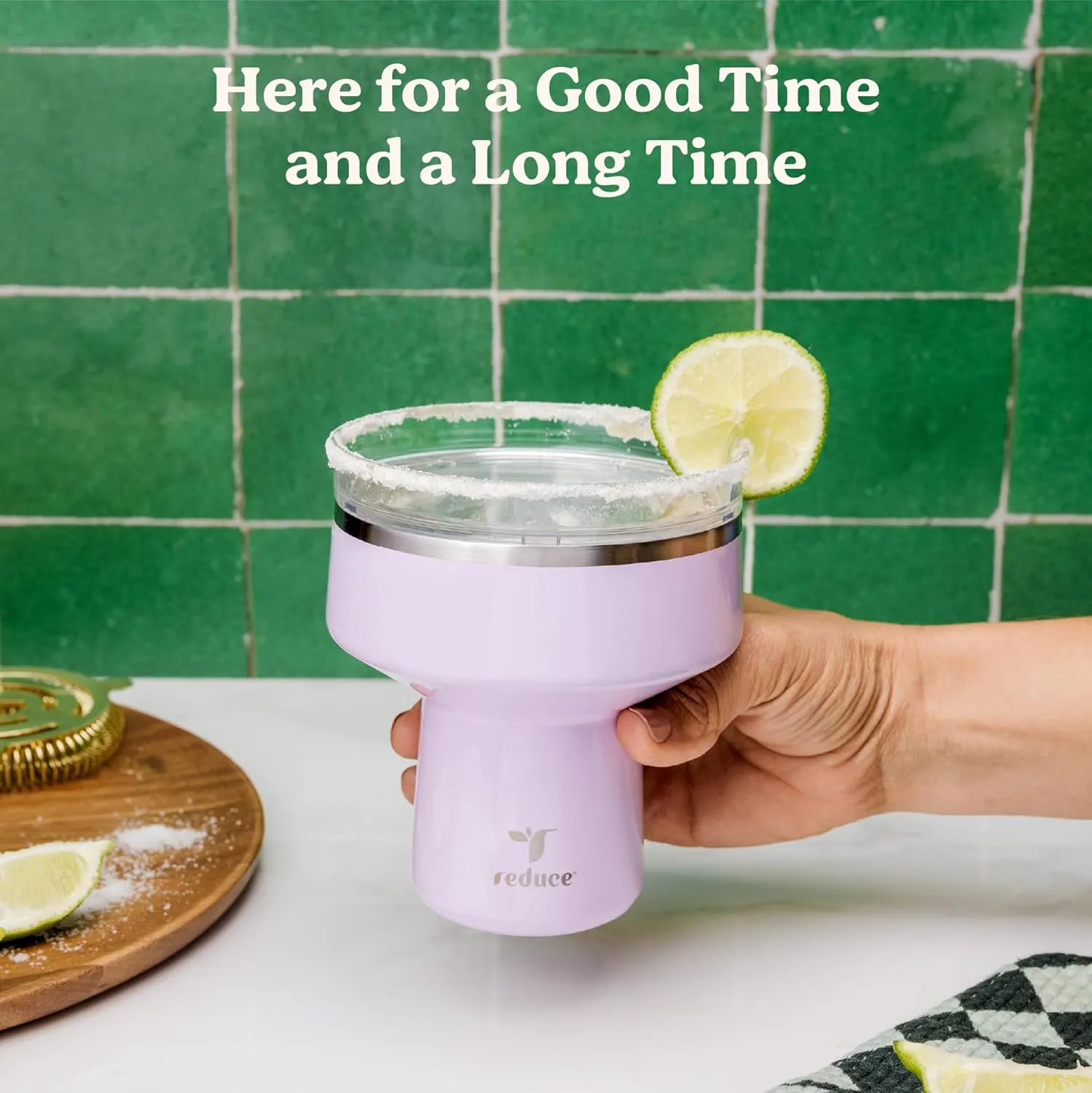 REDUCE Saltini 16 oz Cocktail Tumbler - Insulated Margarita Tumbler with Lid - Keeps Drinks Cold for 10 Hours - 360 Sippable Martini Glass Alternative - Shatterproof, Perfect for Parties - Sea Glass