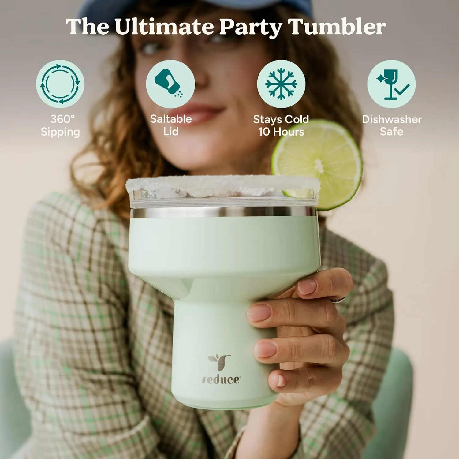 REDUCE Saltini 16 oz Cocktail Tumbler - Insulated Margarita Tumbler with Lid - Keeps Drinks Cold for 10 Hours - 360 Sippable Martini Glass Alternative - Shatterproof, Perfect for Parties - Sea Glass
