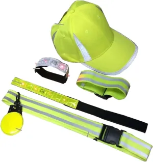 Reflective Safety Kit for Runners and Bikers | Neon Cap, Adjustable Waist & Arm Bands | LED Strap Bands | Clip-On Flashing Lights | Enhancing Nighttime Safety