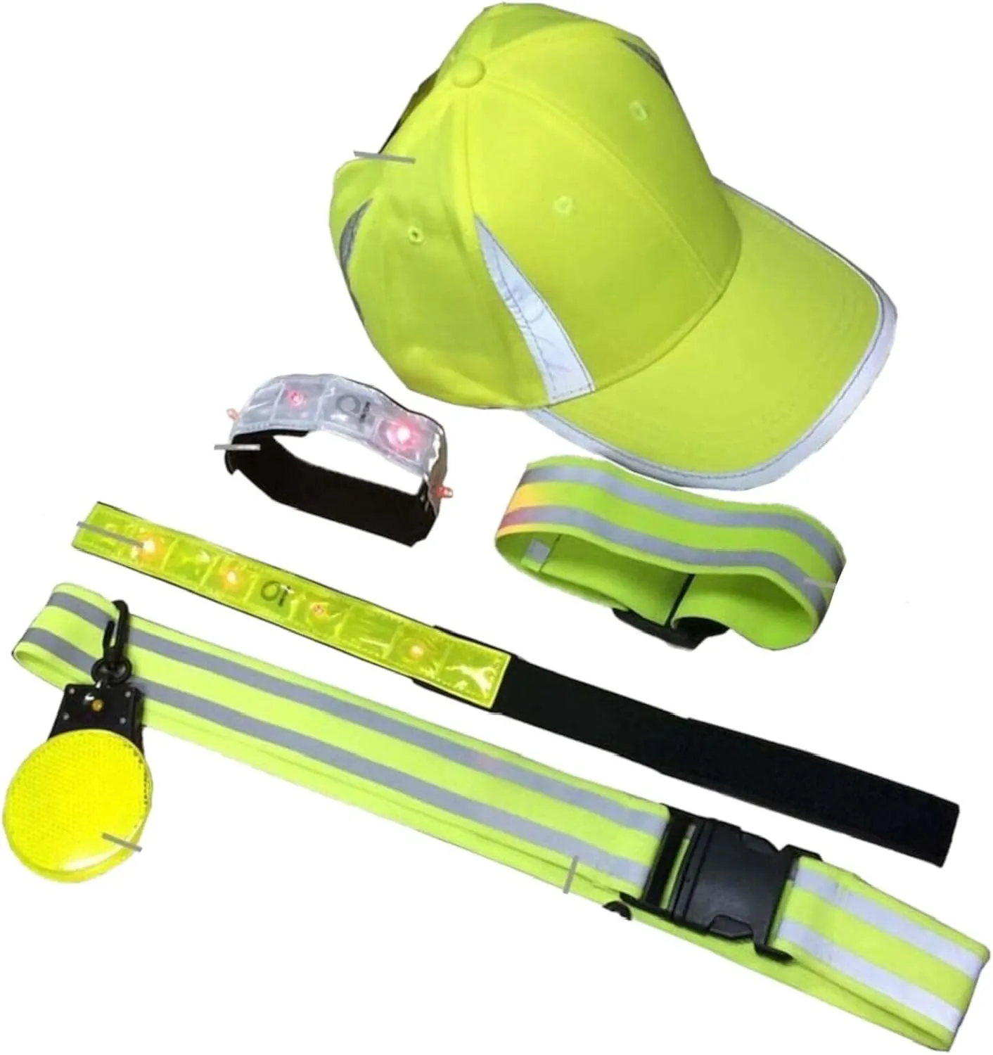 Reflective Safety Kit for Runners and Bikers | Neon Cap, Adjustable Waist & Arm Bands | LED Strap Bands | Clip-On Flashing Lights | Enhancing Nighttime Safety