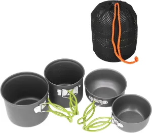 Restokki 4pcs Camping Pots and Pans, Camping Cookware Mess Kit with Folding Handle for Hiking Outdoor Camping Cookware
