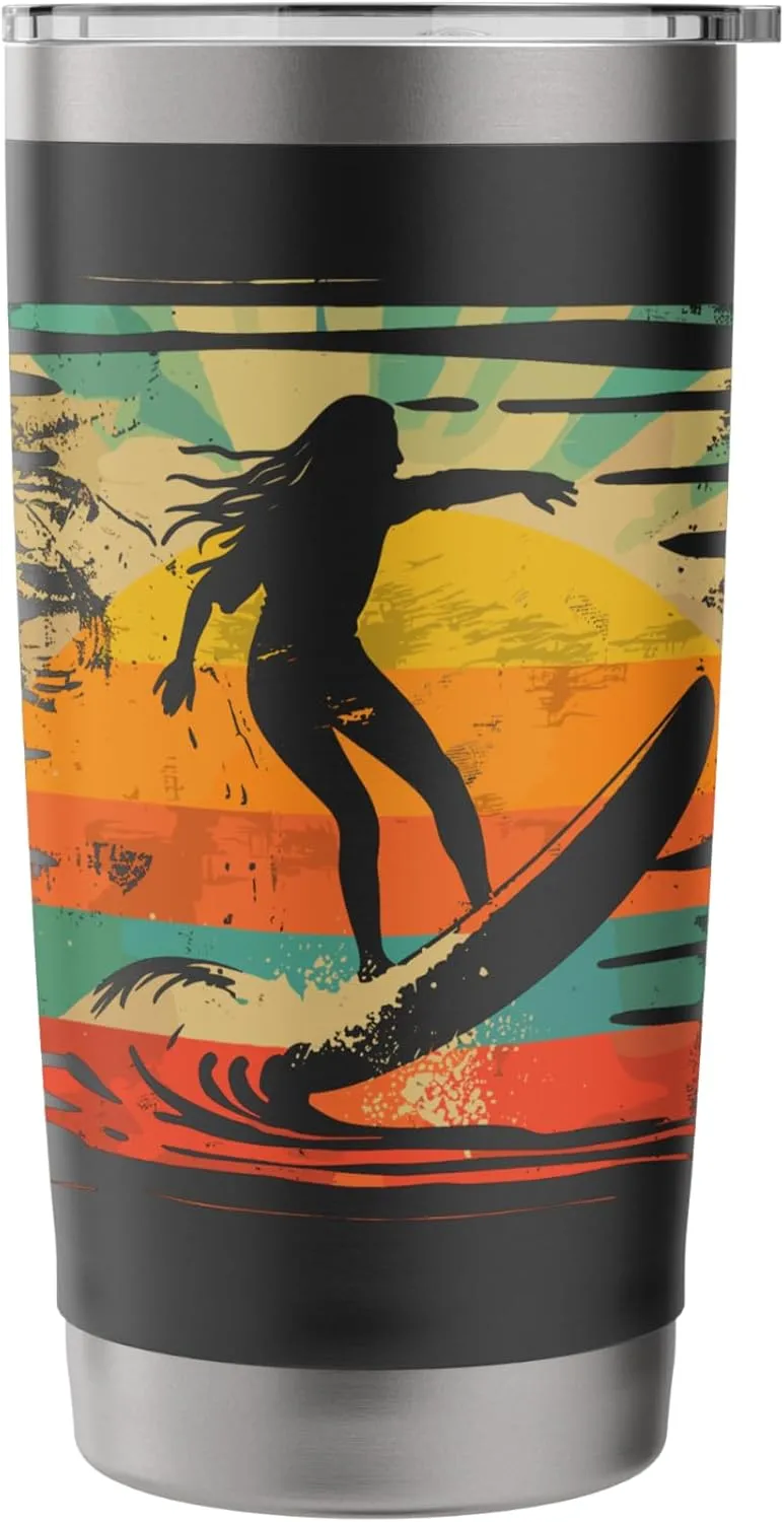 Retro Female Surfer Wave Riding Surfing Trip Stainless Steel Insulated Tumbler