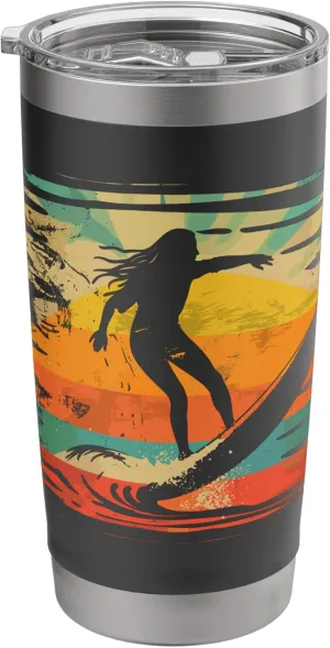 Retro Female Surfer Wave Riding Surfing Trip Stainless Steel Insulated Tumbler