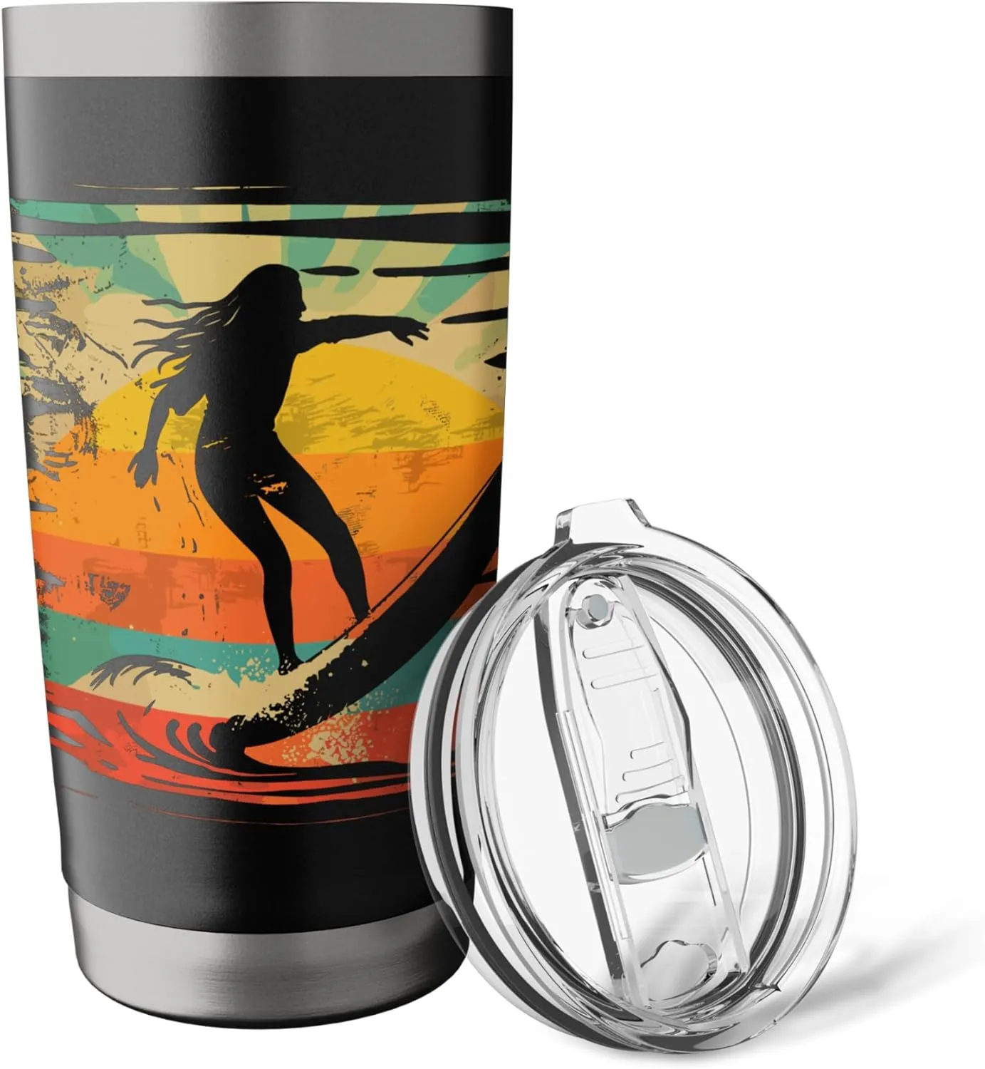 Retro Female Surfer Wave Riding Surfing Trip Stainless Steel Insulated Tumbler