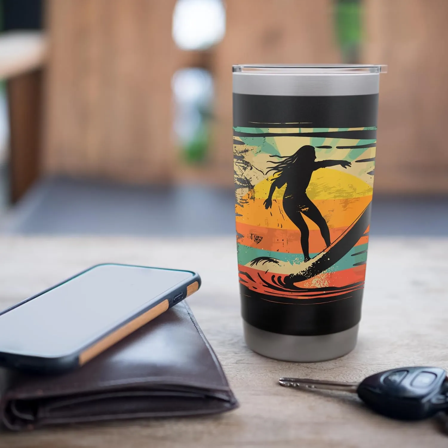 Retro Female Surfer Wave Riding Surfing Trip Stainless Steel Insulated Tumbler