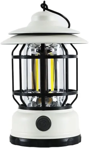 Retro Metal Camping Light, Camping Lantern Rechargeable, Battery Powered Hanging Vintage Camping Lamp, Knob Dimming, Outdoor Tent Light, Emergency Lantern for Power Outage, White with Battery