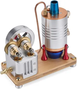 Retro Steam Engine Model Kit with Vertical Boilers, All-Metal Vertical Dual-Cylinder Oneway Piston Steam Engine Dynamically Balanced Crankshaft Mechanical Science Kit for Adults