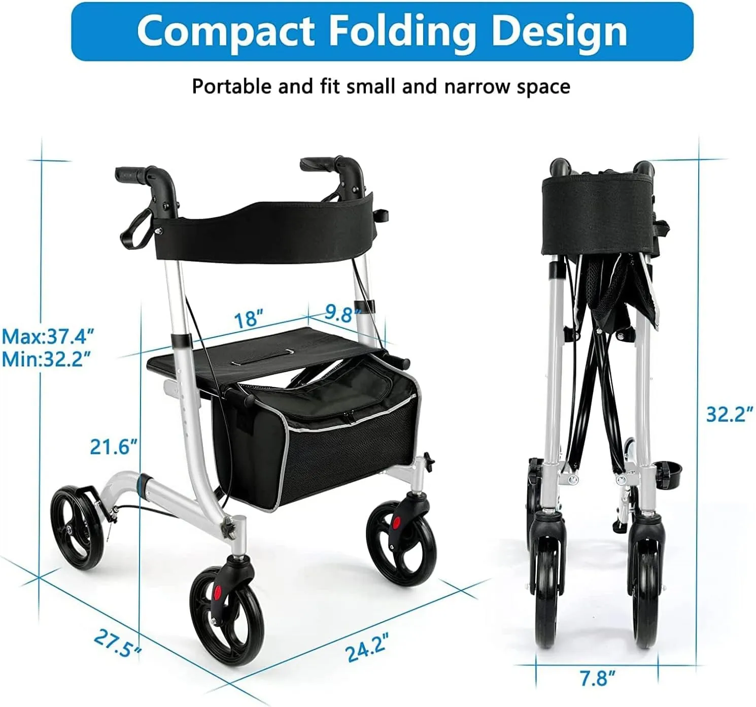 Rollator Walkers for Seniors-Folding Rollator Walker with Seat and Four 8-inch Wheels-Medical Rollator，White