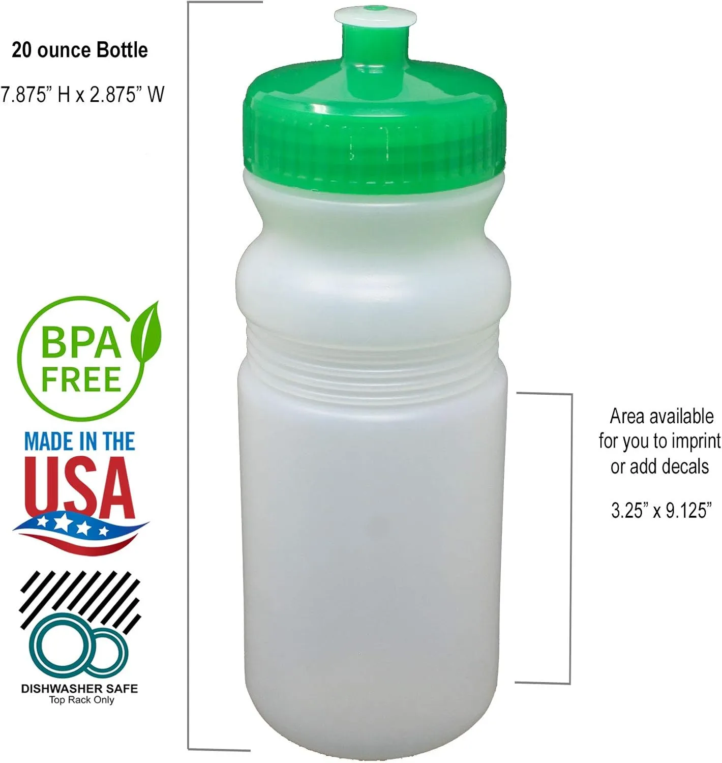 Rolling Sands 20 Ounce Sports Water Bottles 6 Pack, BPA-Free, Made In USA, Dishwasher Safe, Clear Frost Bottles/Green Lids