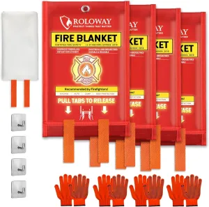 ROLOWAY Emergency Fire Blanket for Home and Kitchen, Fire Suppression Blanket (40 x 40 Inch) with Hooks, Gloves and Whistle for Home Safety (4 Pack)