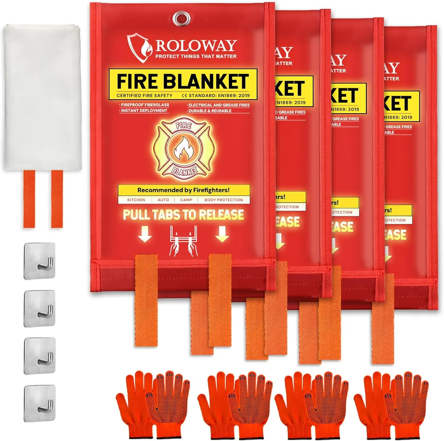 ROLOWAY Emergency Fire Blanket for Home and Kitchen, Fire Suppression Blanket (40 x 40 Inch) with Hooks, Gloves and Whistle for Home Safety (4 Pack)