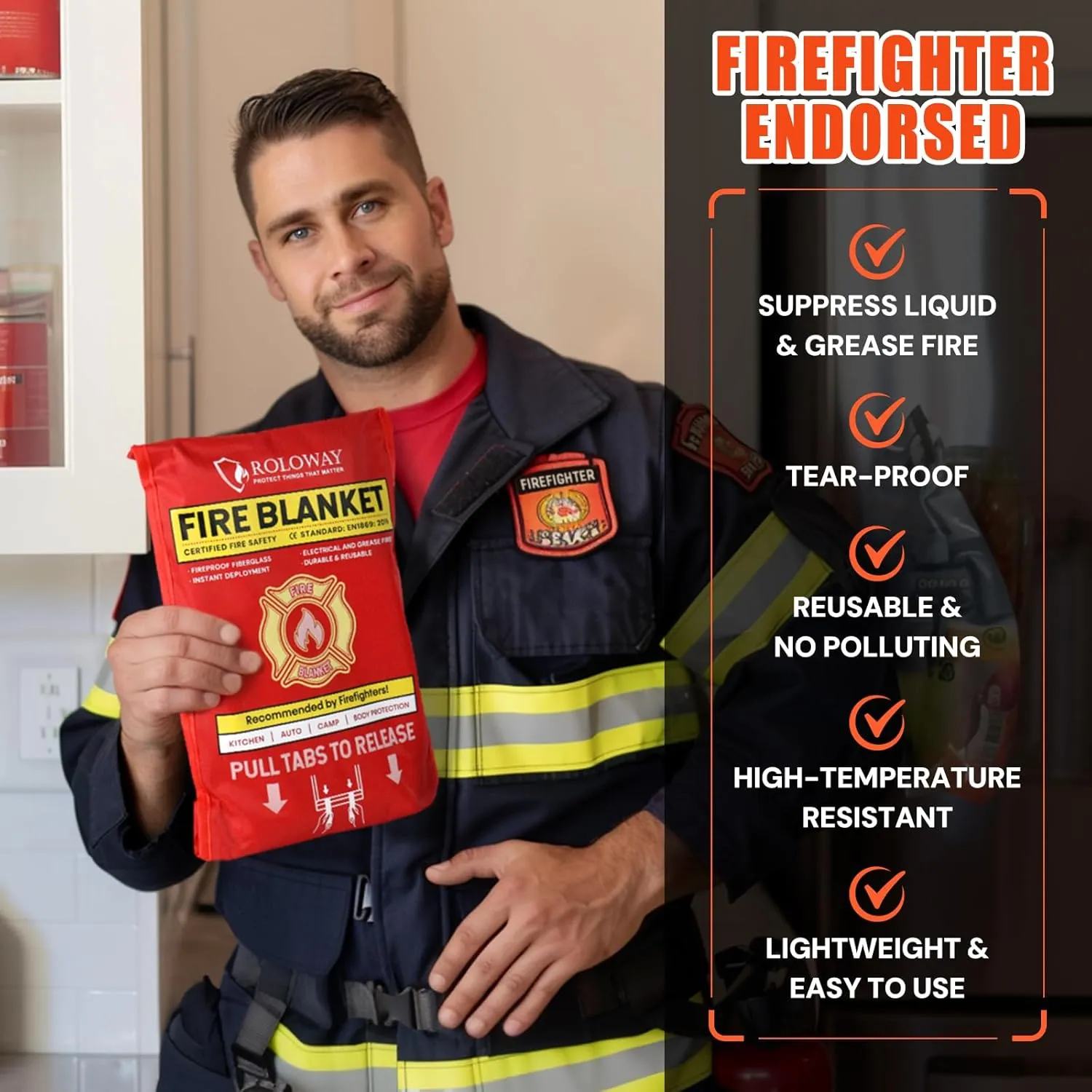 ROLOWAY Emergency Fire Blanket for Home and Kitchen, Fire Suppression Blanket (40 x 40 Inch) with Hooks, Gloves and Whistle for Home Safety (4 Pack)