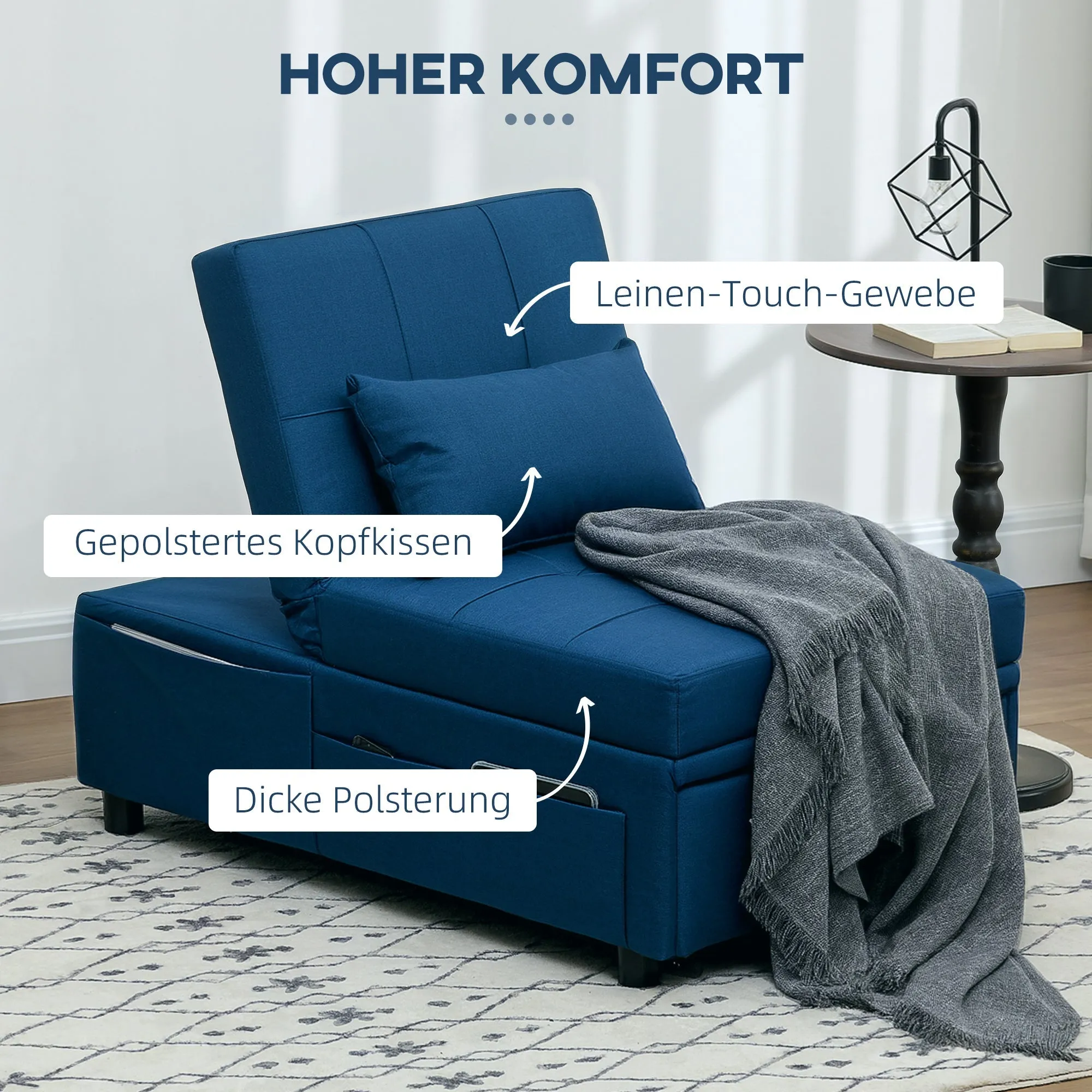 Rootz 3-in-1 Folding Chair Bed - Recliner - Chaise Longue - Adjustable Backrest - 65.5L x 104W x 81H cm - Portable with Wheels and Side Pocket