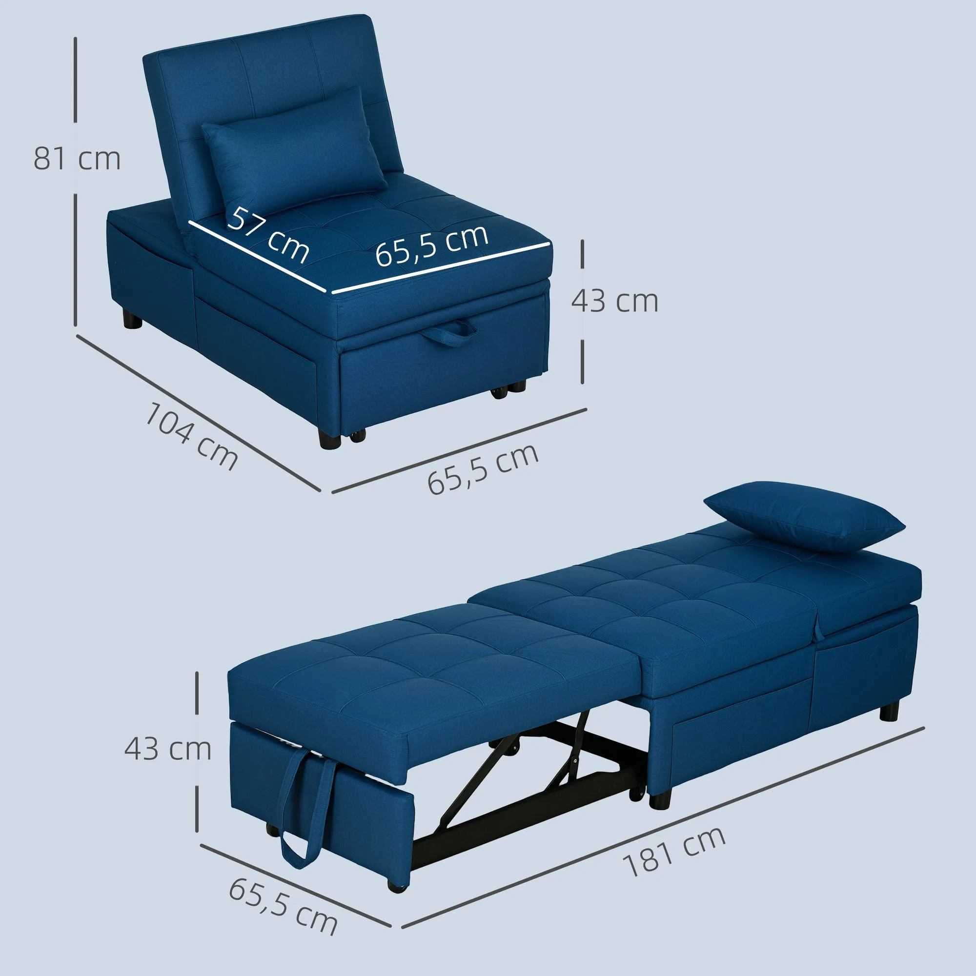 Rootz 3-in-1 Folding Chair Bed - Recliner - Chaise Longue - Adjustable Backrest - 65.5L x 104W x 81H cm - Portable with Wheels and Side Pocket