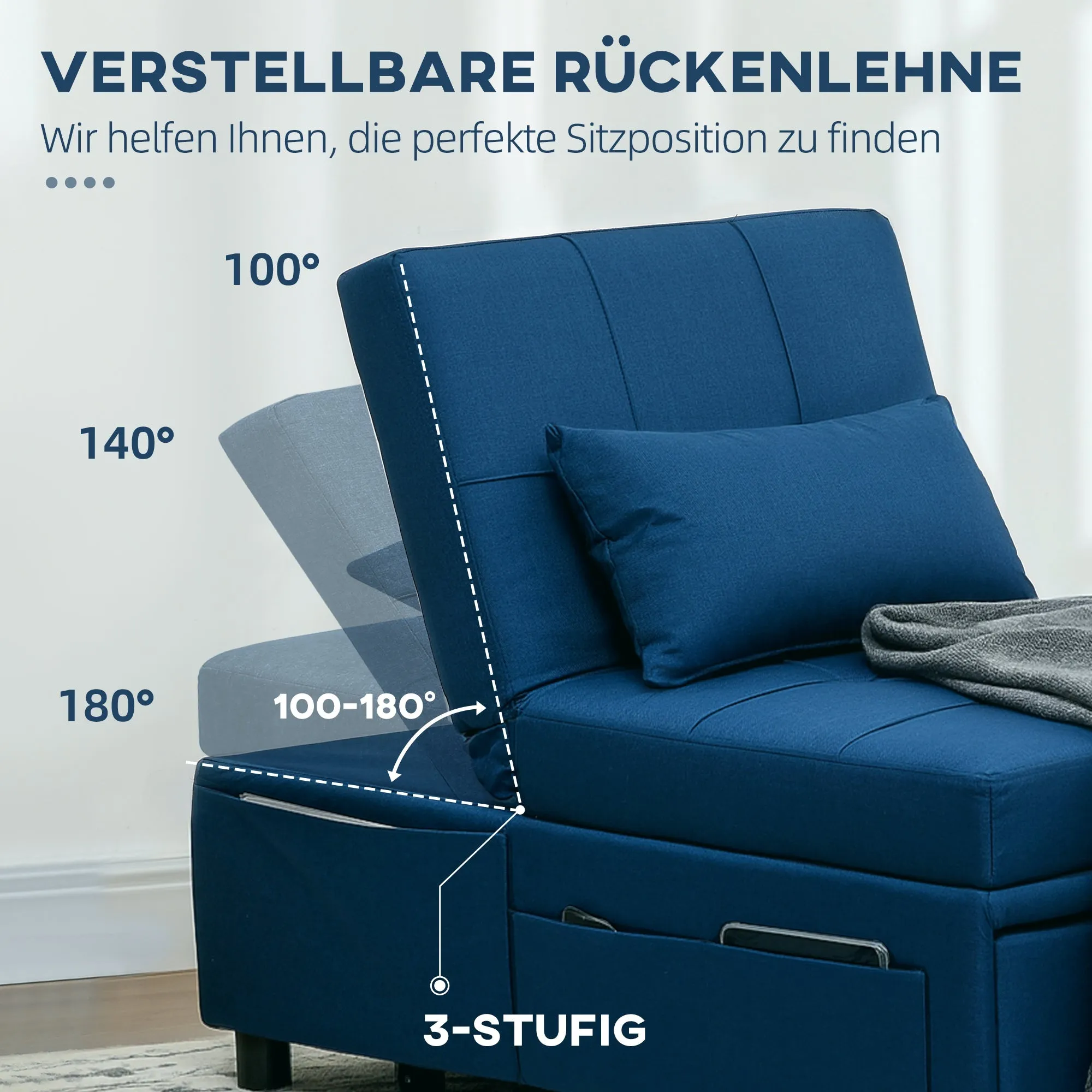 Rootz 3-in-1 Folding Chair Bed - Recliner - Chaise Longue - Adjustable Backrest - 65.5L x 104W x 81H cm - Portable with Wheels and Side Pocket