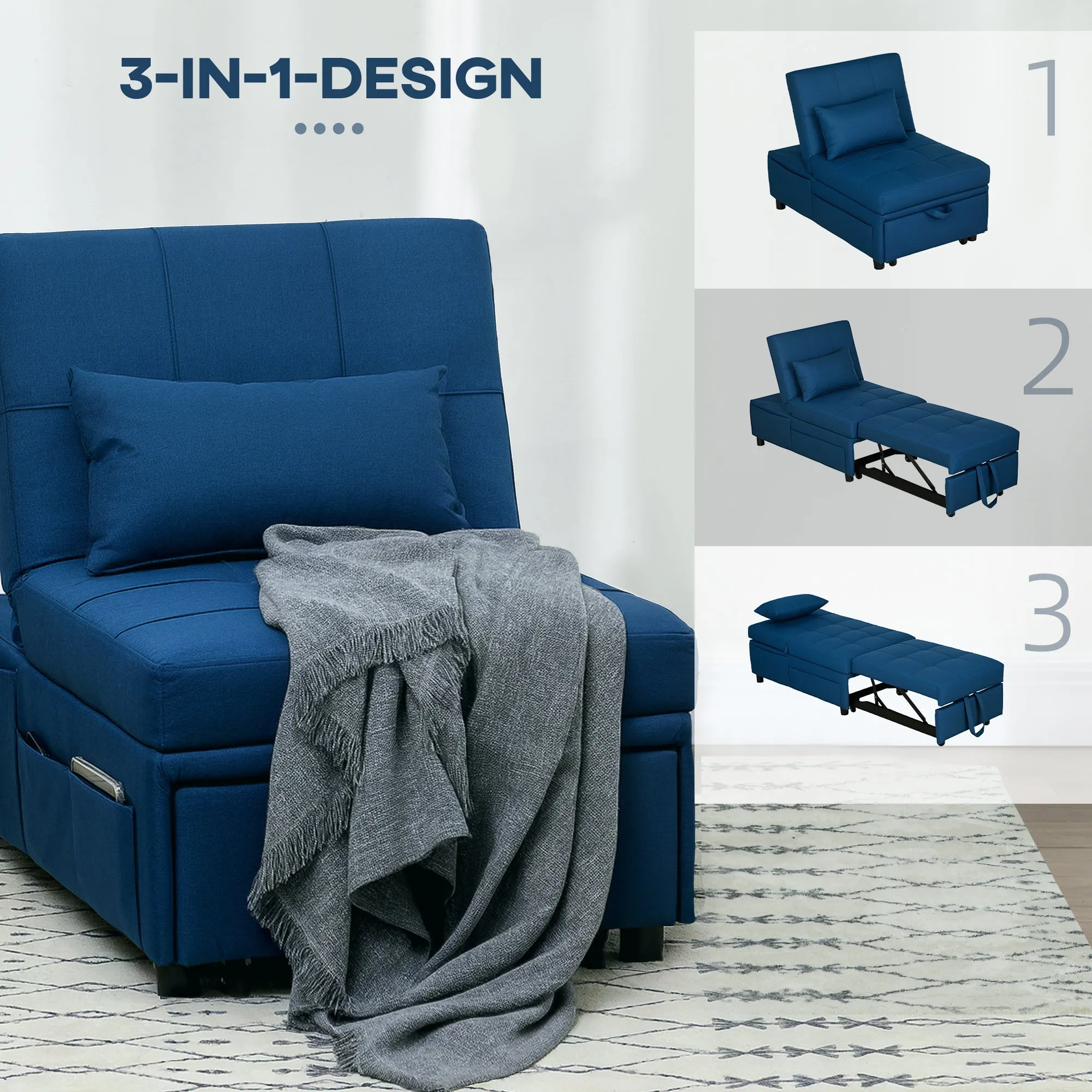 Rootz 3-in-1 Folding Chair Bed - Recliner - Chaise Longue - Adjustable Backrest - 65.5L x 104W x 81H cm - Portable with Wheels and Side Pocket