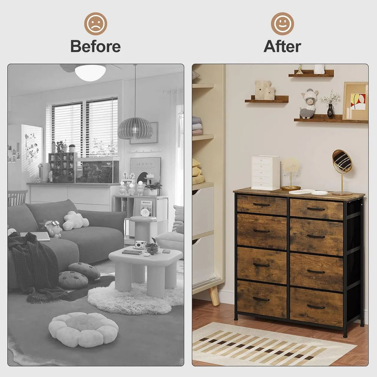 Rootz 8 Drawer Fabric Chest of Drawers - Dresser - Storage Organizer - Lightweight - Sturdy - Vintage Style - 86cm x 98cm x 30cm