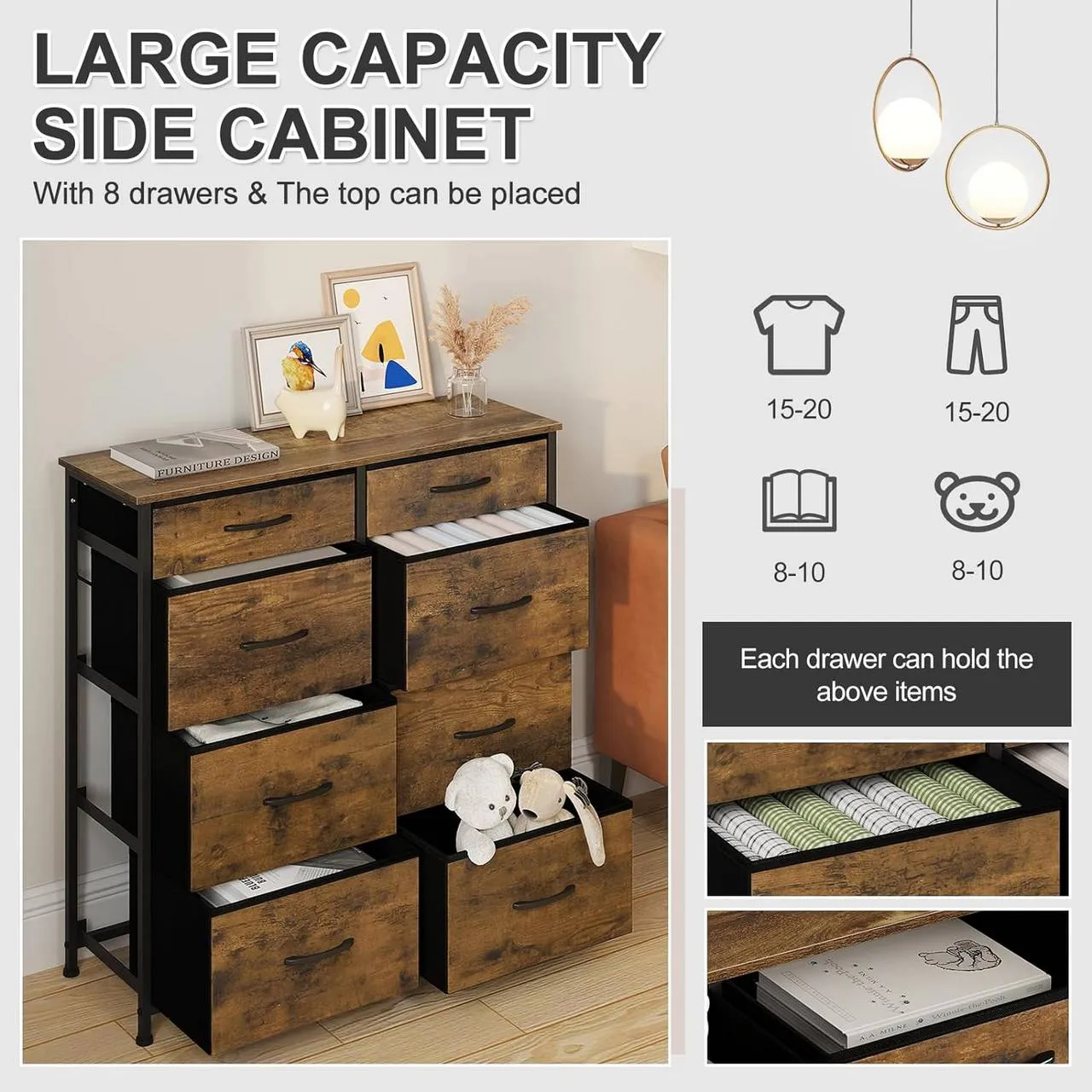 Rootz 8 Drawer Fabric Chest of Drawers - Dresser - Storage Organizer - Lightweight - Sturdy - Vintage Style - 86cm x 98cm x 30cm