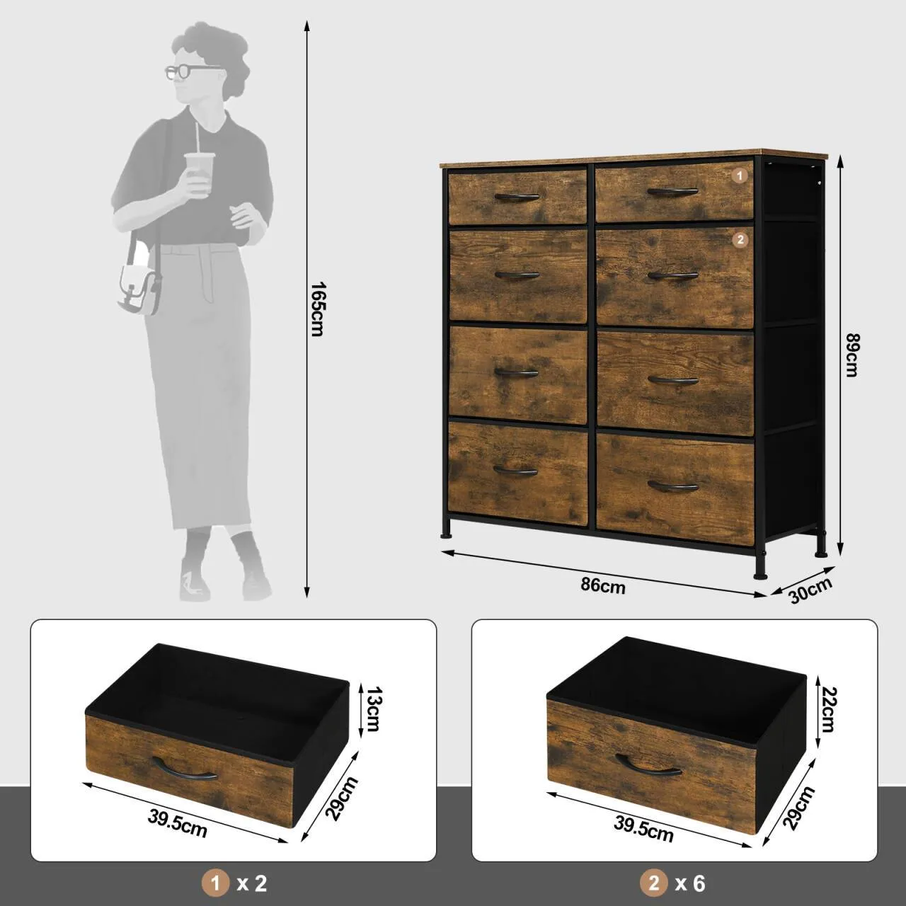 Rootz 8 Drawer Fabric Chest of Drawers - Dresser - Storage Organizer - Lightweight - Sturdy - Vintage Style - 86cm x 98cm x 30cm