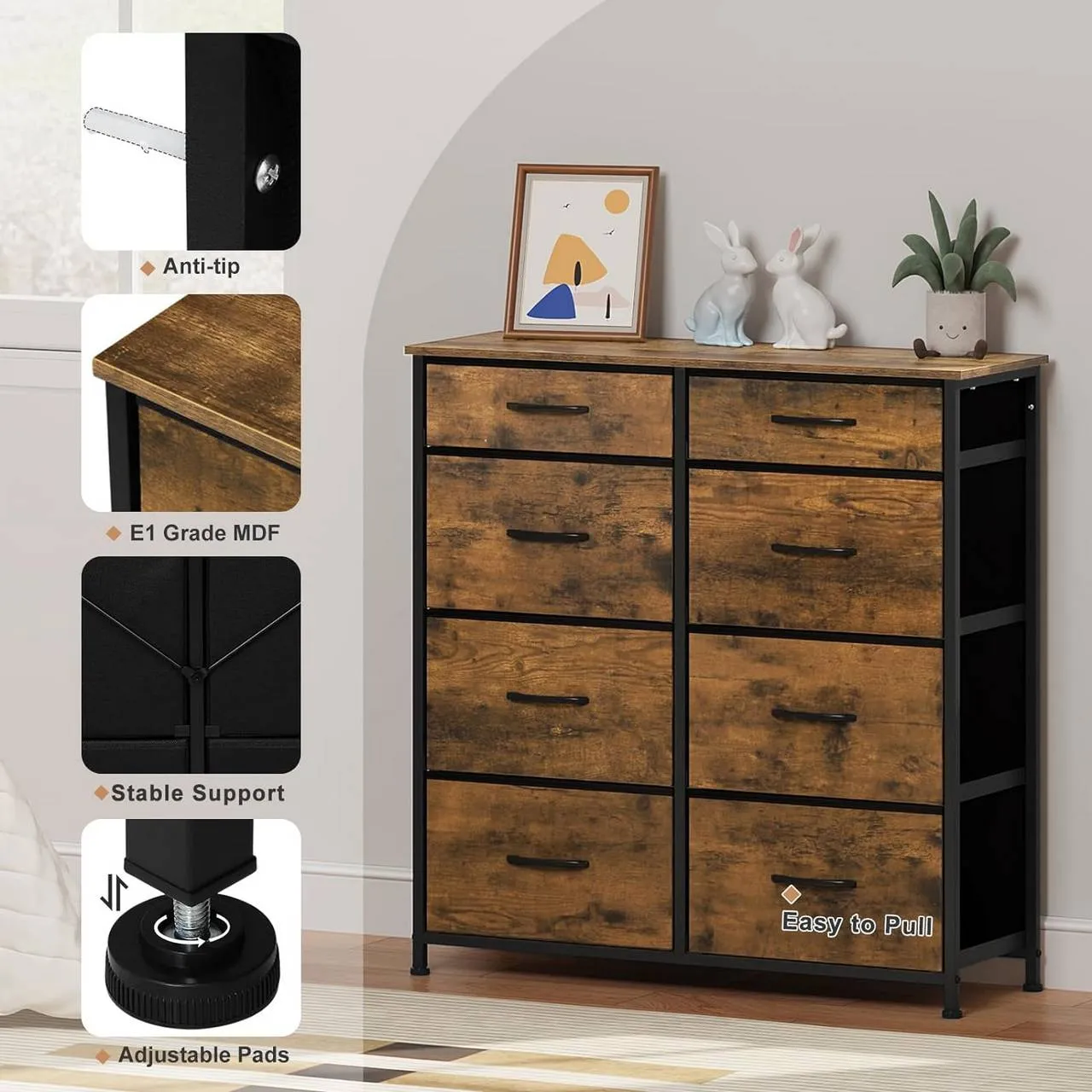 Rootz 8 Drawer Fabric Chest of Drawers - Dresser - Storage Organizer - Lightweight - Sturdy - Vintage Style - 86cm x 98cm x 30cm