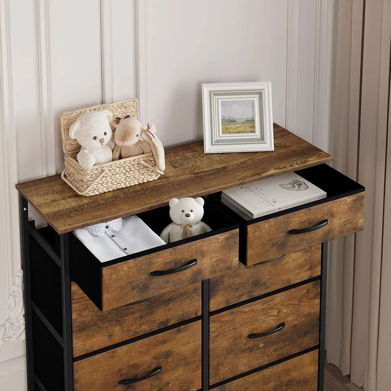 Rootz 8 Drawer Fabric Chest of Drawers - Dresser - Storage Organizer - Lightweight - Sturdy - Vintage Style - 86cm x 98cm x 30cm