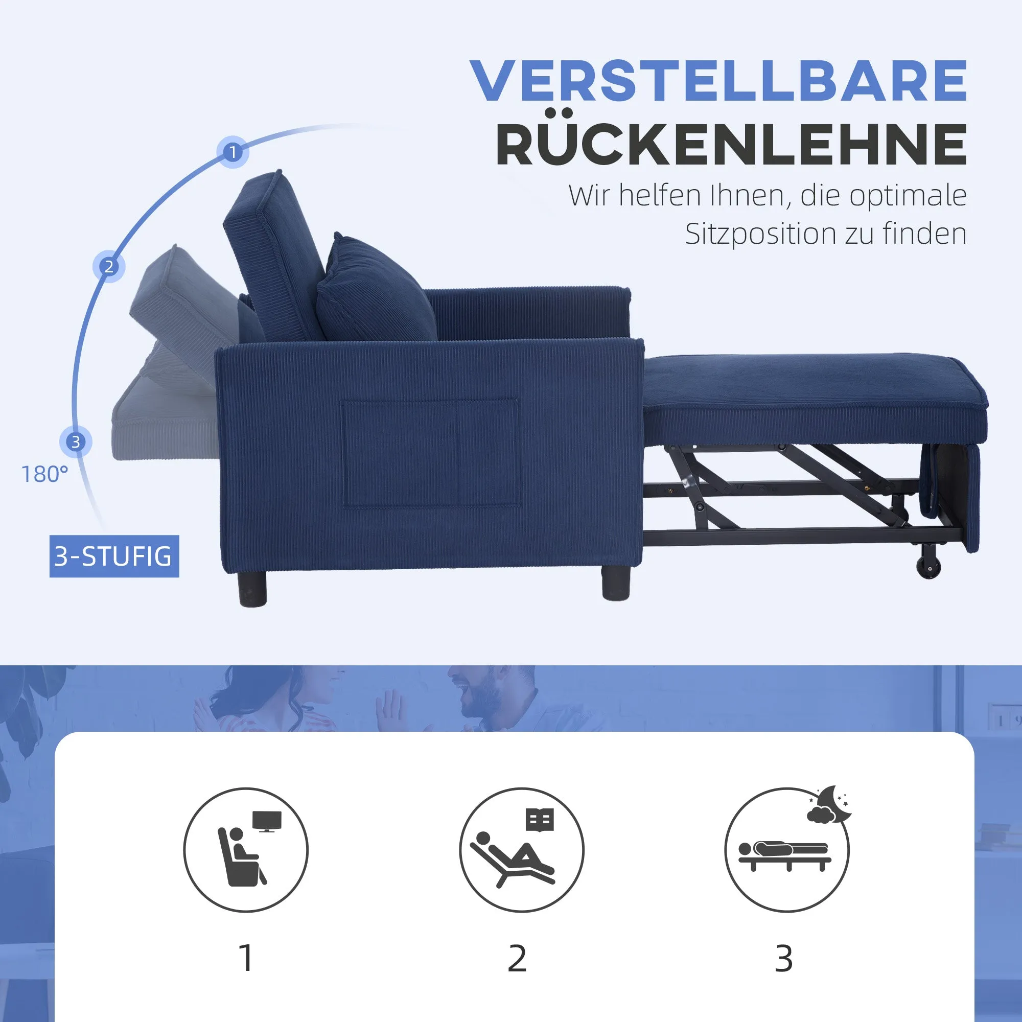 Rootz Adjustable Corduroy Sleeper Chair - Convertible Bed Chair - Recliner Chair - Comfort - 74cm x 84cm x 81cm (Sofa), 61cm x 180cm x 41cm (Bed)