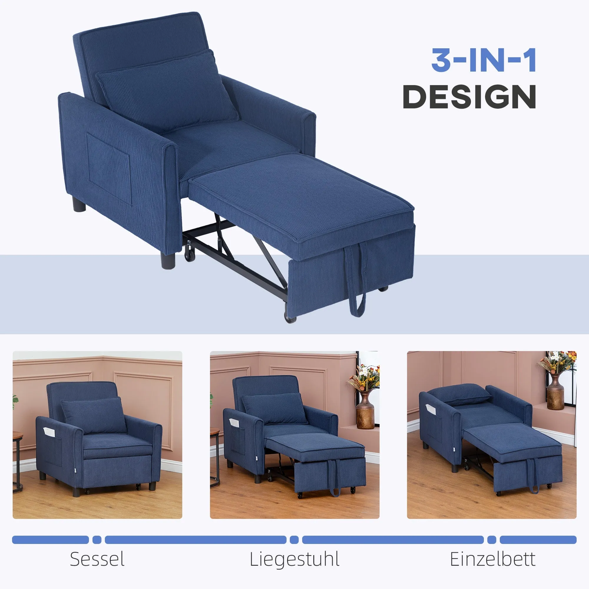 Rootz Adjustable Corduroy Sleeper Chair - Convertible Bed Chair - Recliner Chair - Comfort - 74cm x 84cm x 81cm (Sofa), 61cm x 180cm x 41cm (Bed)