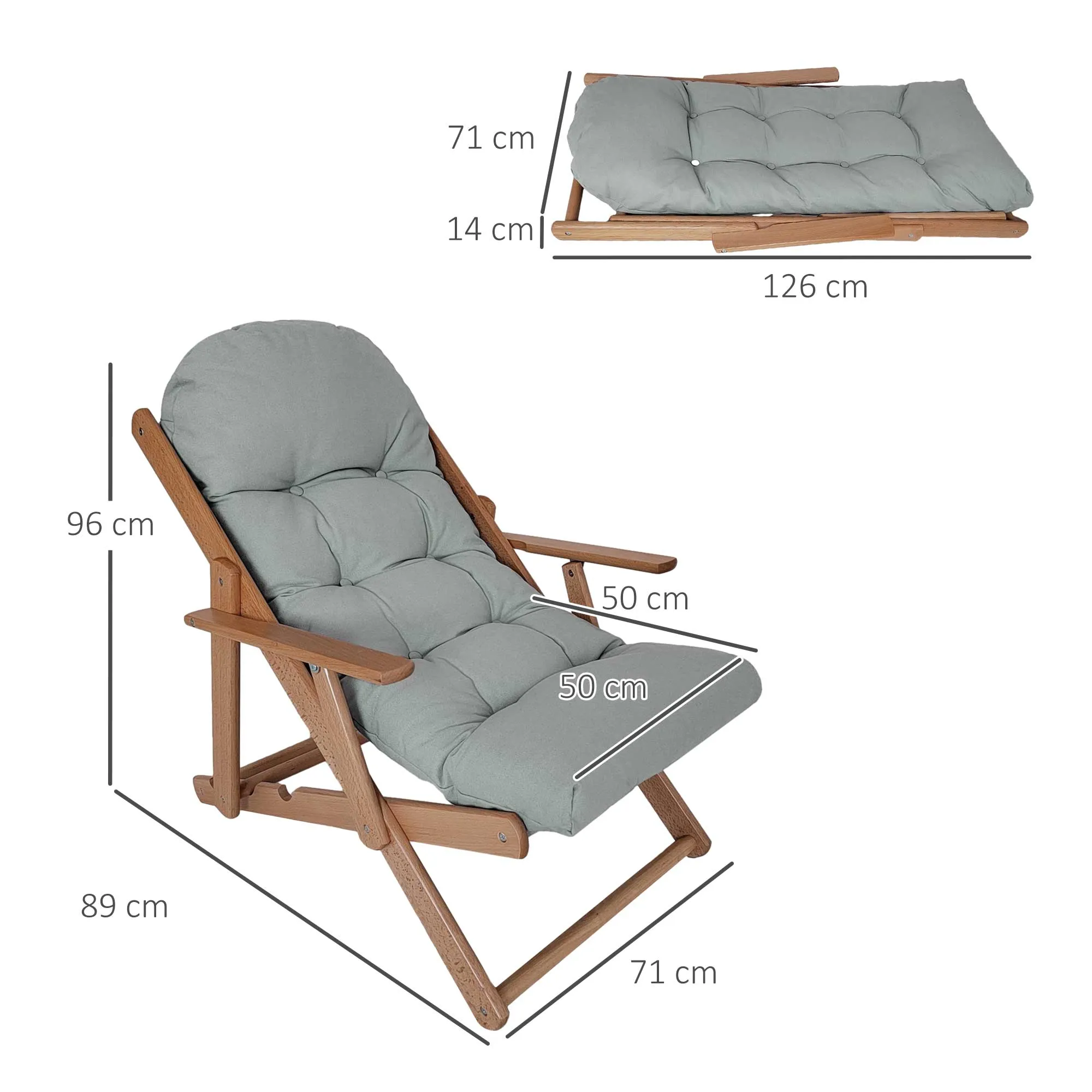 Rootz Adjustable Wooden Lounge Chair - Reclining Chair - Padded Armchair - Comfort & Space-Saving - 71W x 89D x 96H cm