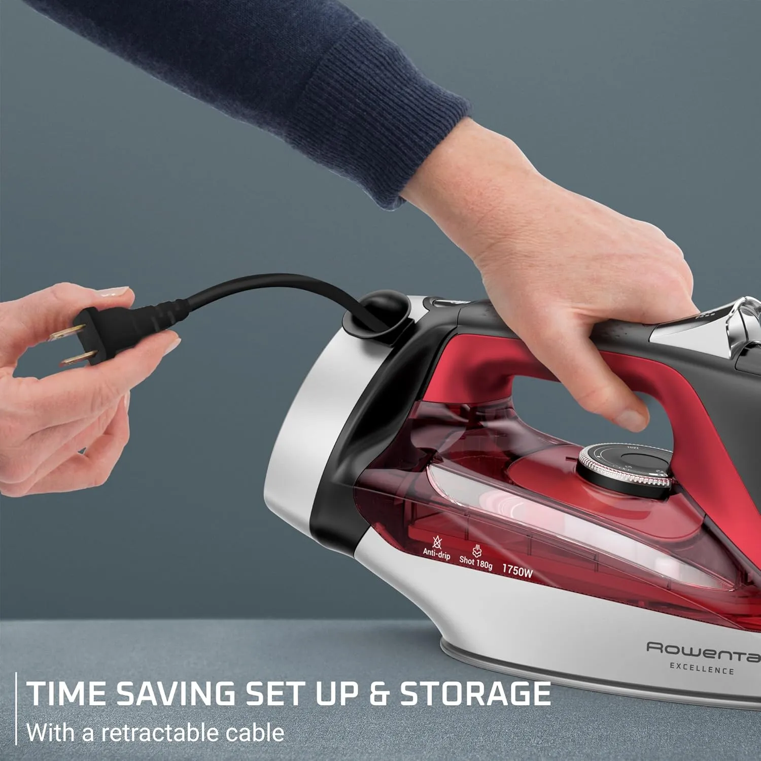 Rowenta, Iron, Focus Excellence Stainless Steel Soleplate Steam Iron for Clothes, Retractable Cord, 400  Microsteam Holes, Powerful steam, LED Display, 1750 W Ironing Clothes, Cordreel, Red DW5433
