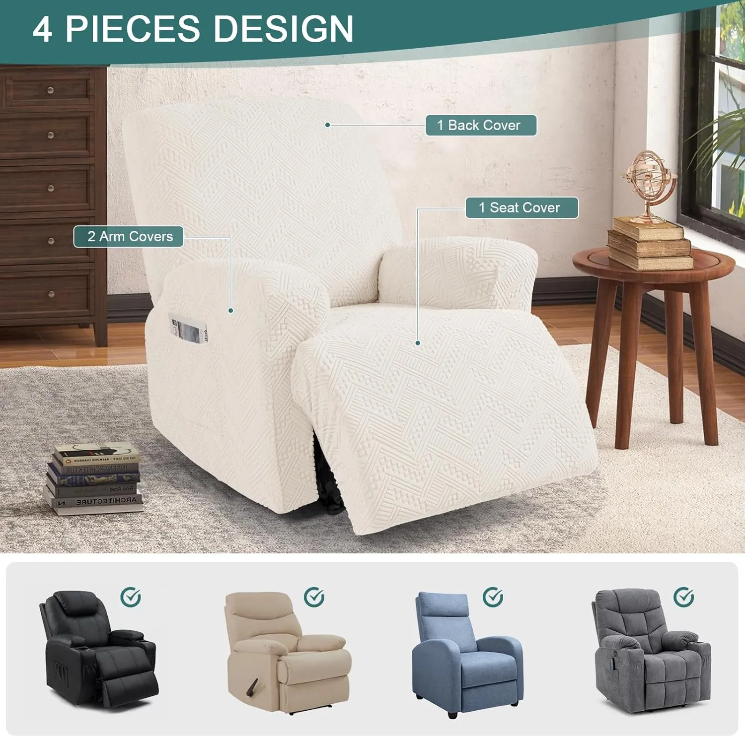 Ruaozz Recliner Sofa Covers Recliner Chair Covers Couch Covers for Reclining Couches with Pockets Washable Furniture Protector with Elastic Bottom (1 Seater-X Large, Ivory)