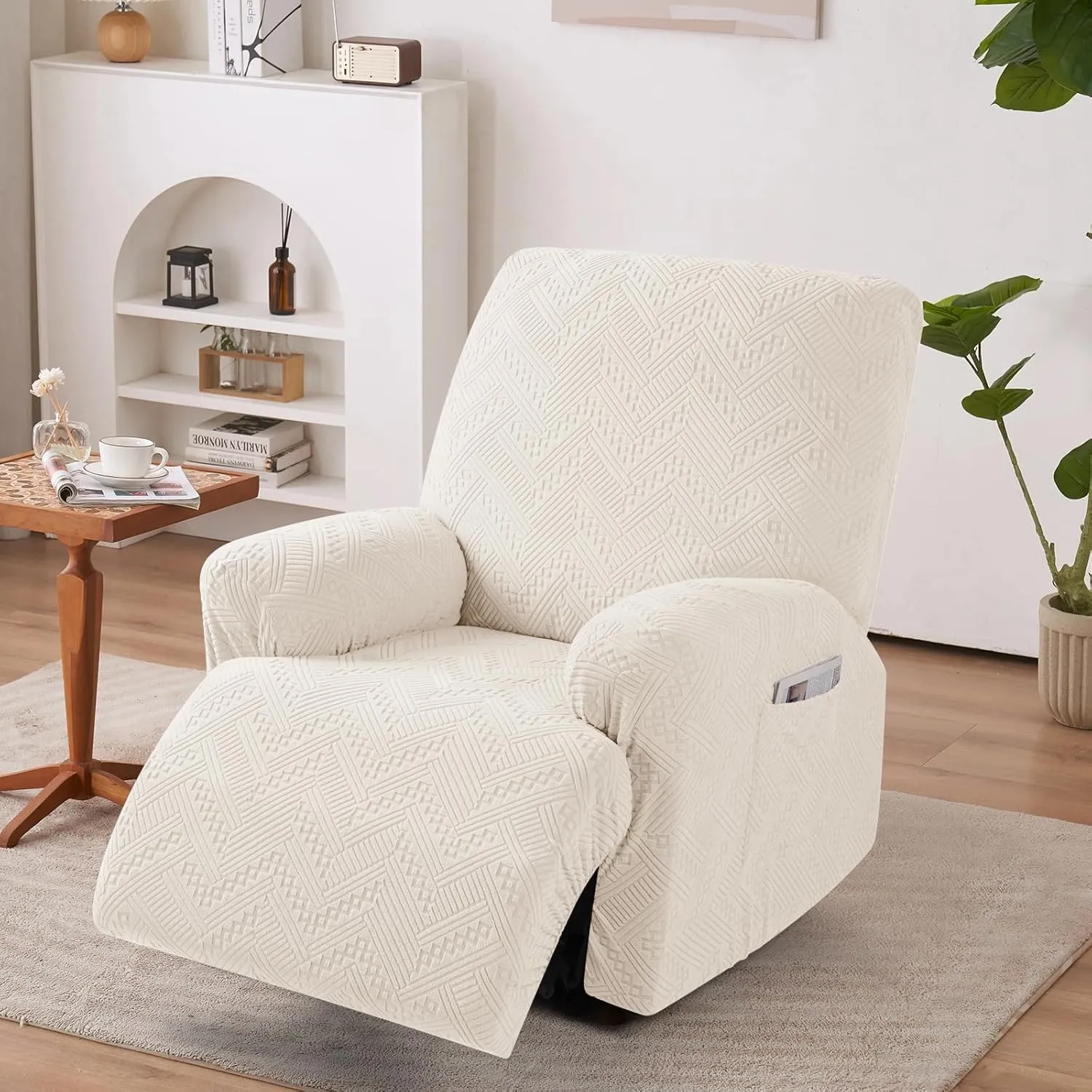 Ruaozz Recliner Sofa Covers Recliner Chair Covers Couch Covers for Reclining Couches with Pockets Washable Furniture Protector with Elastic Bottom (1 Seater-X Large, Ivory)