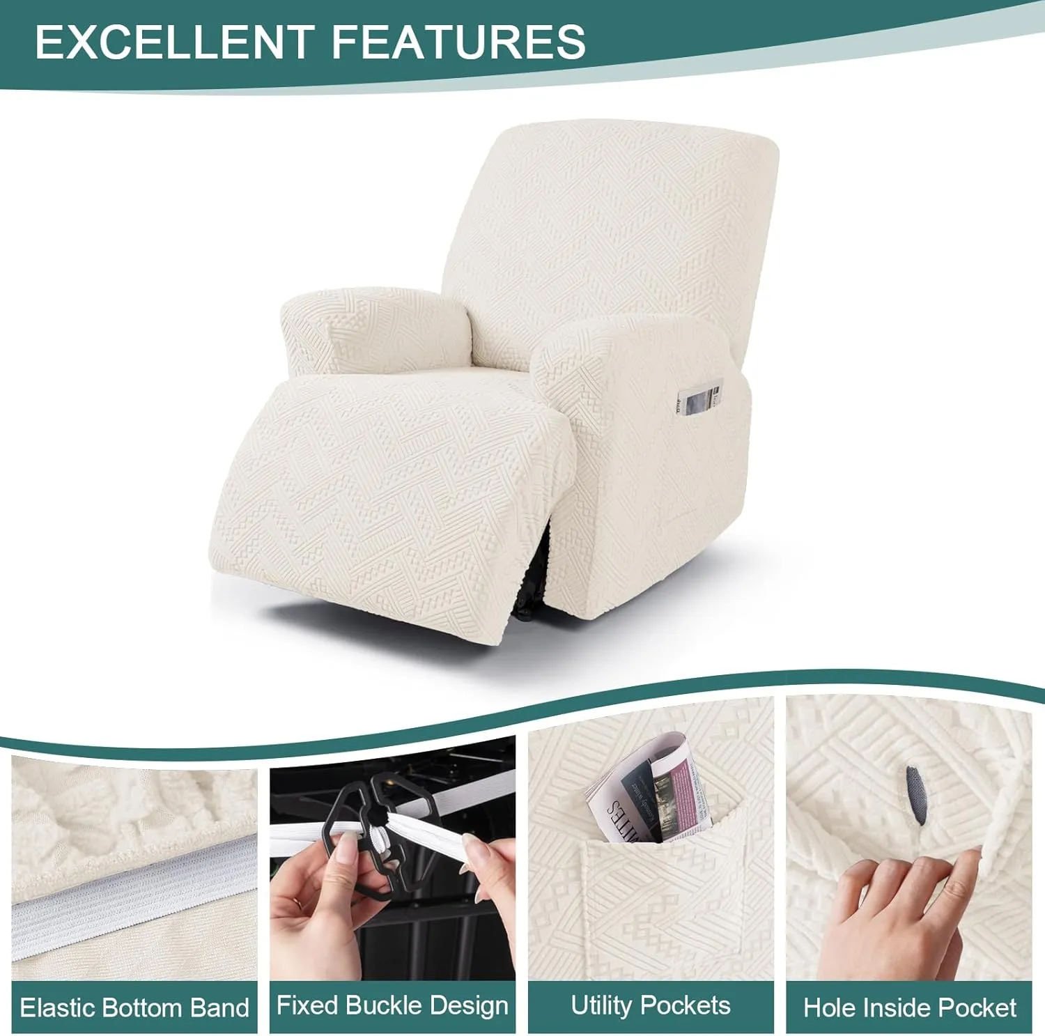 Ruaozz Recliner Sofa Covers Recliner Chair Covers Couch Covers for Reclining Couches with Pockets Washable Furniture Protector with Elastic Bottom (1 Seater-X Large, Ivory)
