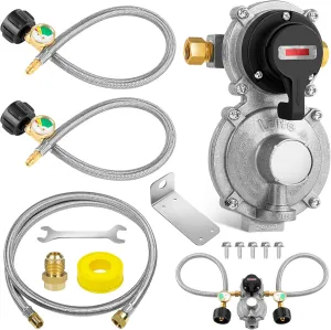 RV Propane Regulator 2 Tank 18" Hoses with 60" Stainless Braided Regulator Hoses, 2-Stage Auto Changeover LP Propane Gas Regulator with Gauge for RVs Vans Trailers Campers