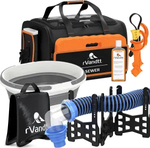 RV Sewer Accessories Kit - 15ft Sewer Hose w/4in1 Adapter, Stand, Collapsible Bucket, Nitrile Gloves, Hand Cleaner, Wrenches, Kneeling Pad, Hose Weight, and Custom Bag