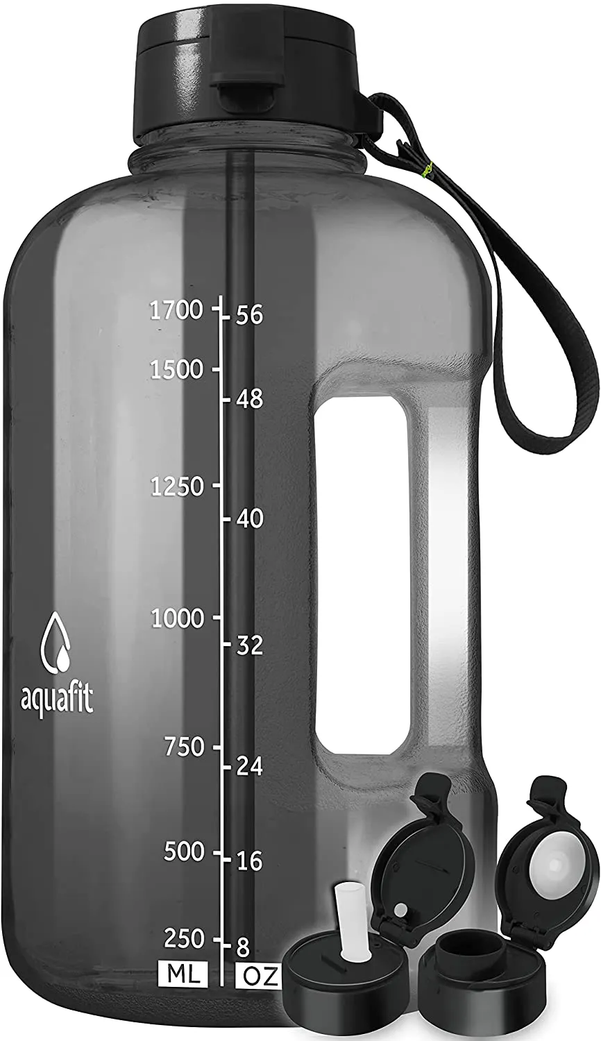 Rynx | AQUAFIT Half Gallon Water Bottle with Straw Half Gallon Water Jug Motivational Water Bottle 64 Ounce Water Bottle with Time Markers Large Water Bottle Big Water Bottle 1/2 Gallon Water Jug Large Water Jug Gray