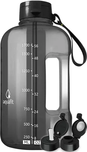 Rynx | AQUAFIT Half Gallon Water Bottle with Straw Half Gallon Water Jug Motivational Water Bottle 64 Ounce Water Bottle with Time Markers Large Water Bottle Big Water Bottle 1/2 Gallon Water Jug Large Water Jug Gray