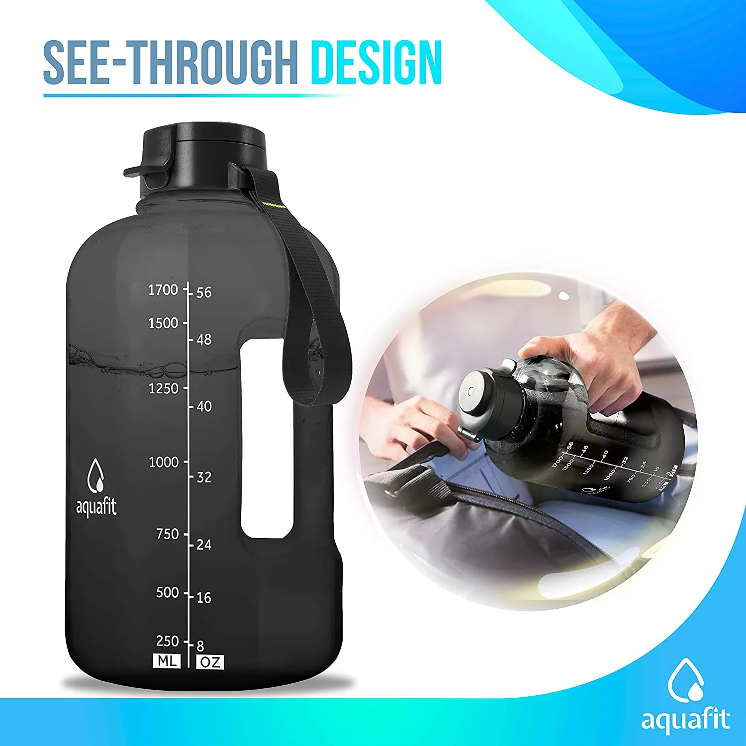 Rynx | AQUAFIT Half Gallon Water Bottle with Straw Half Gallon Water Jug Motivational Water Bottle 64 Ounce Water Bottle with Time Markers Large Water Bottle Big Water Bottle 1/2 Gallon Water Jug Large Water Jug Gray