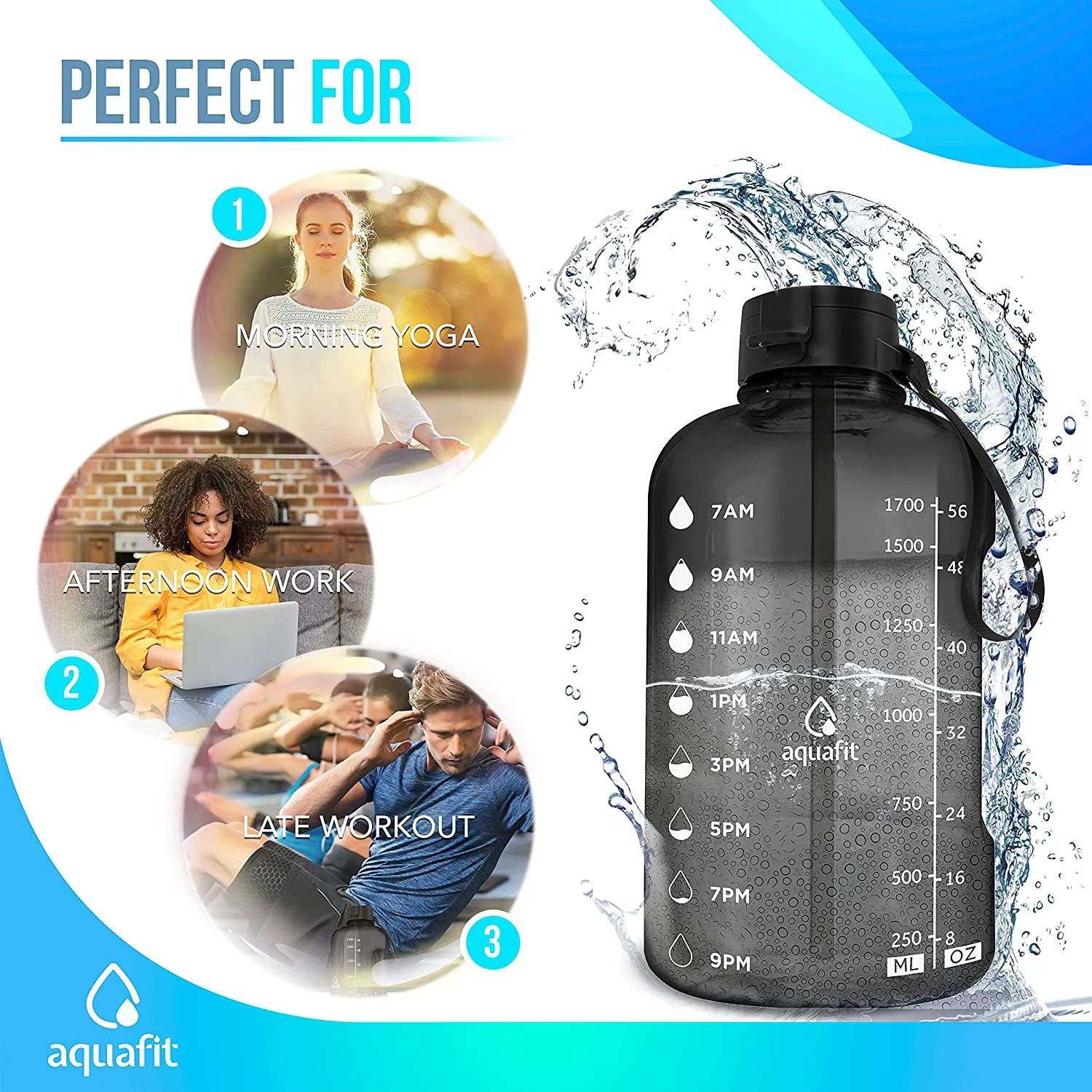 Rynx | AQUAFIT Half Gallon Water Bottle with Straw Half Gallon Water Jug Motivational Water Bottle 64 Ounce Water Bottle with Time Markers Large Water Bottle Big Water Bottle 1/2 Gallon Water Jug Large Water Jug Gray